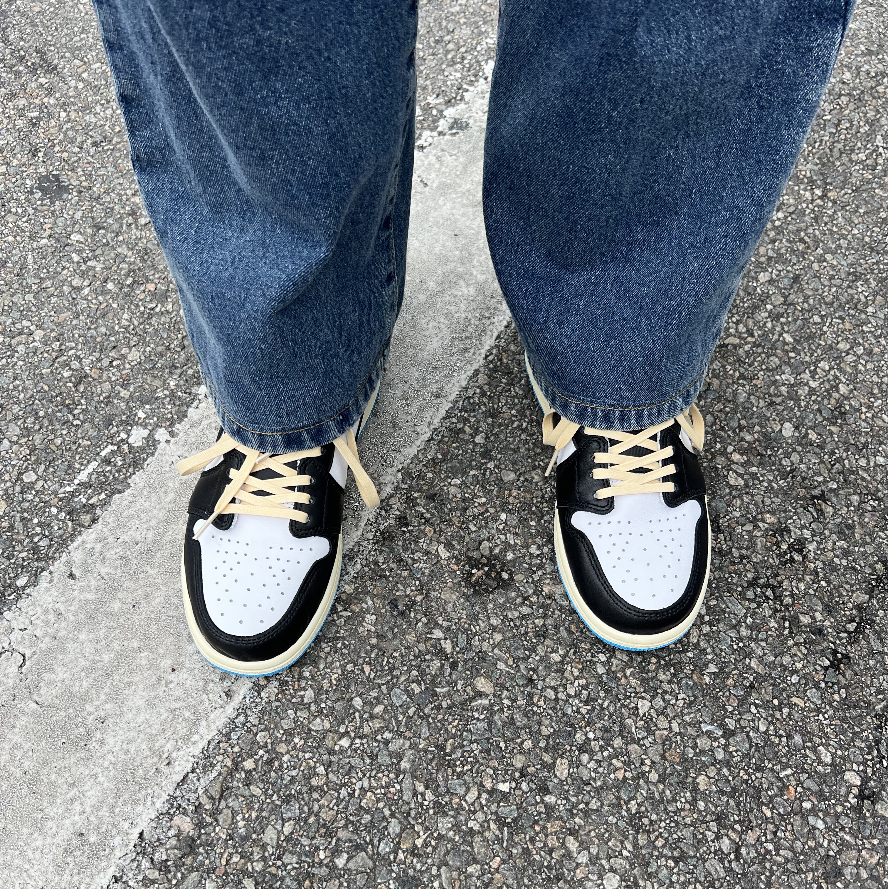 Jordan 1 Retro Low OG Black and Dark Powder Blue 착용 스타일 - 1