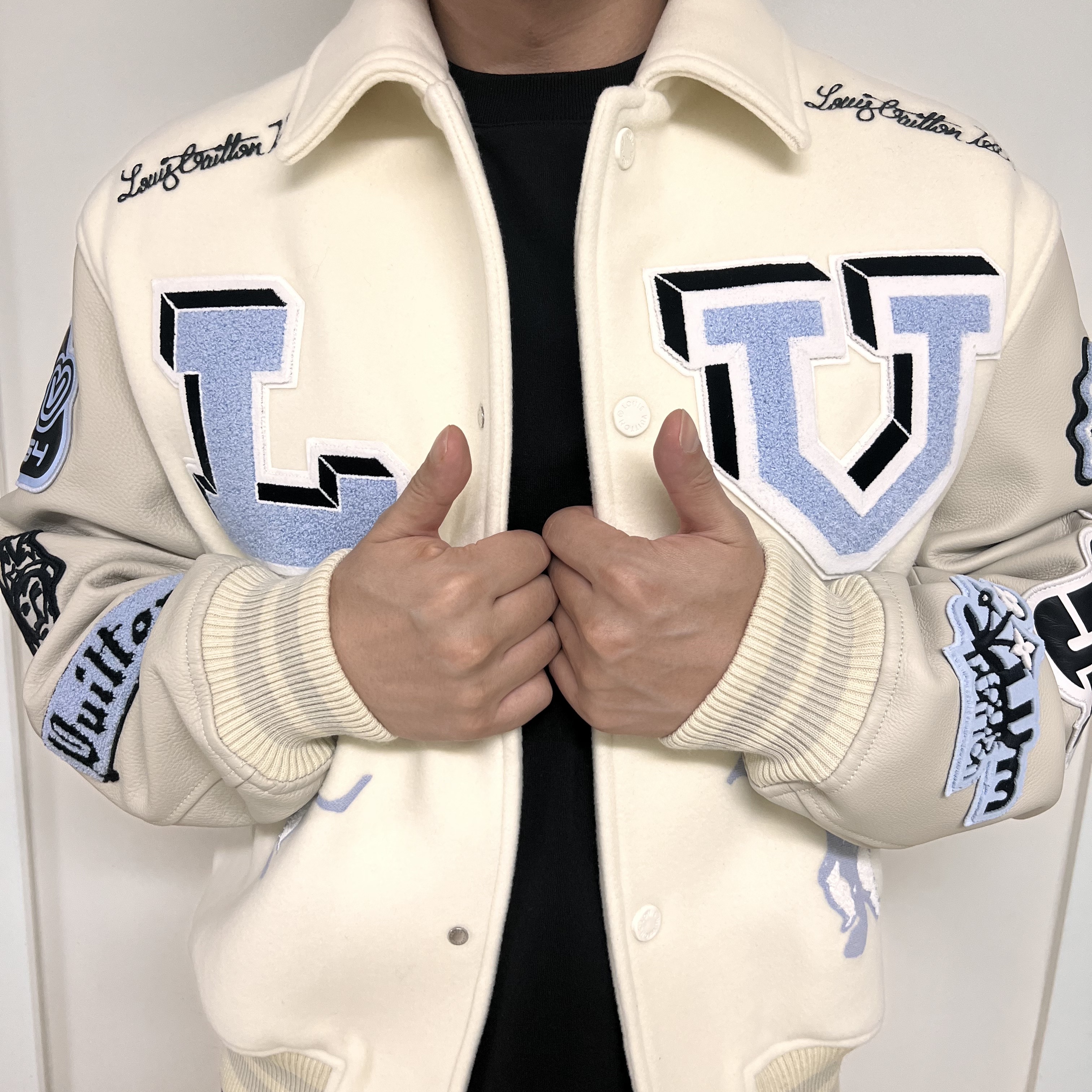 Louis Vuitton Multi Patch Mixed Leather Varsity Blouson Milky White 착용 스타일 - 1