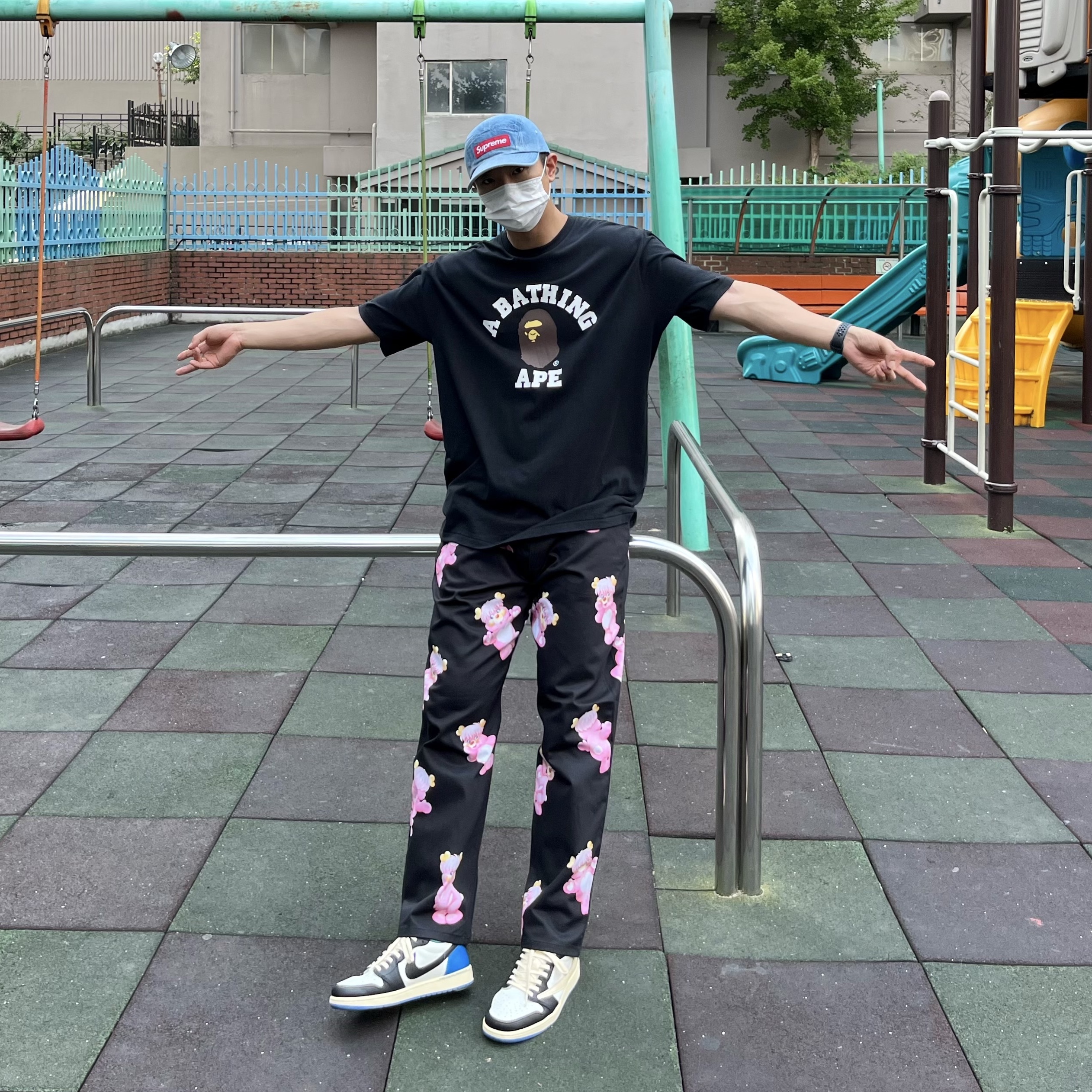 Jordan 1 x Travis Scott x Fragment Retro Low OG SP Military Blue, Supreme Washed Chino Twill Camp Cap Denim - 21FW 착용 스타일