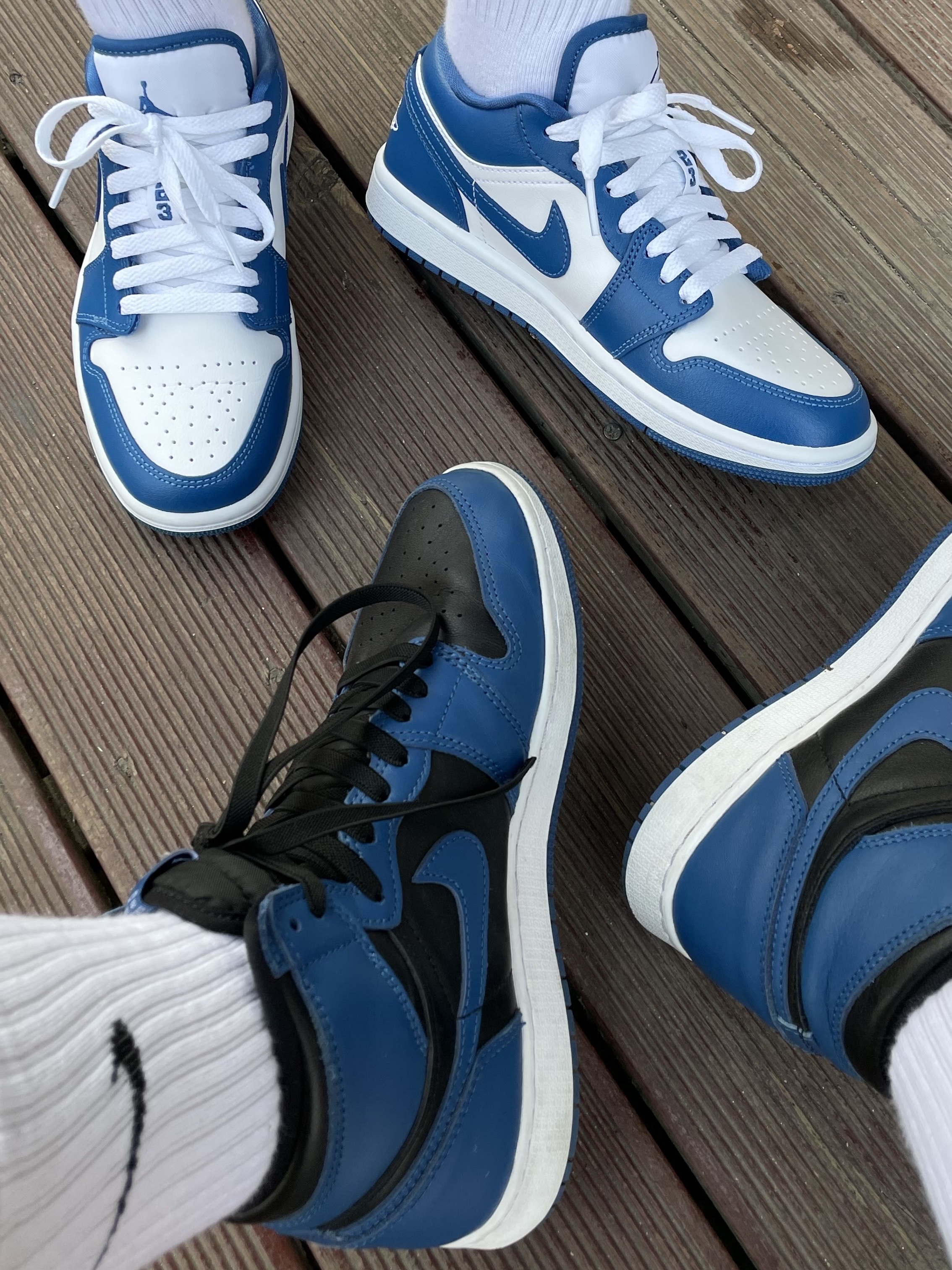 Jordan 1 Retro High OG Dark Marina Blue, (W) Jordan 1 Low White Dark Marina Blue 착용 스타일