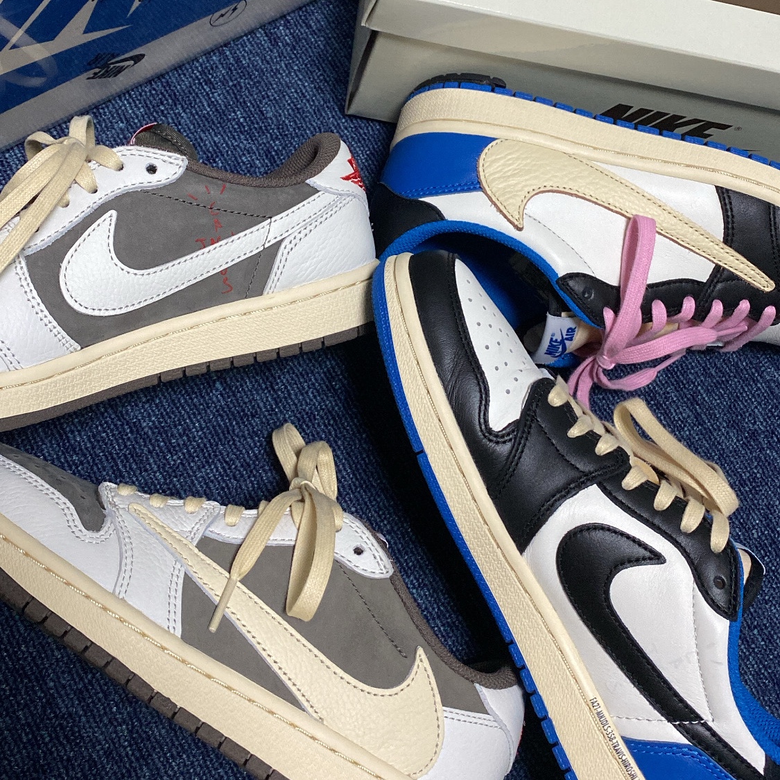 Jordan 1 x Travis Scott Retro Low OG SP Sail and Ridgerock, Jordan 1 x Travis Scott x Fragment Retro Low OG SP Military Blue 착용 스타일