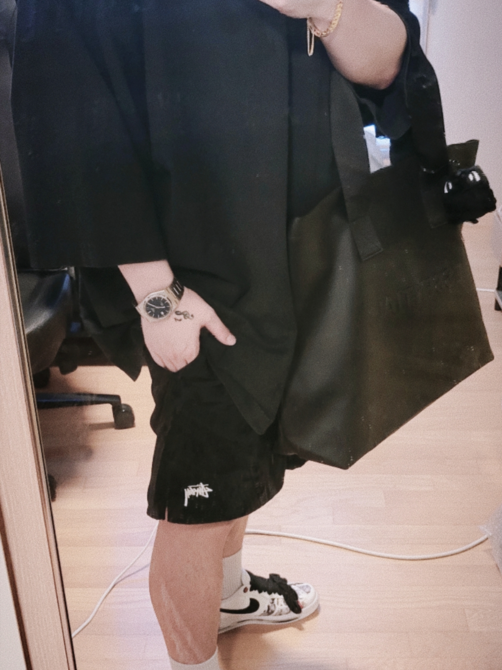 Nike x Peaceminusone Air Force 1 Low Para-Noise 2.0, Stussy Stock Water Shorts Black 착용 스타일
