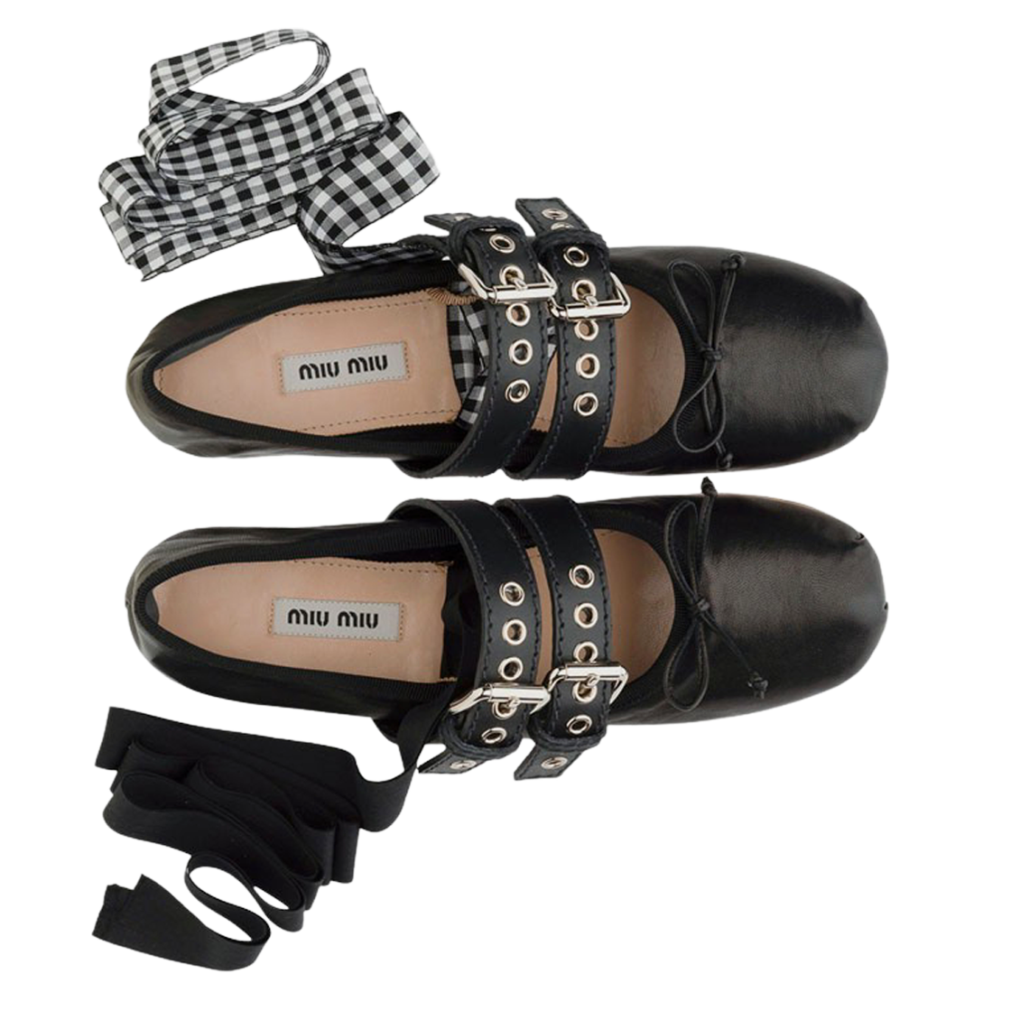 (W) 미우 미우 벨트 장식 나파 가죽 발레리나 블랙((W) Miu Miu Nappa Leather Ballerinas with Belts Black) - 2