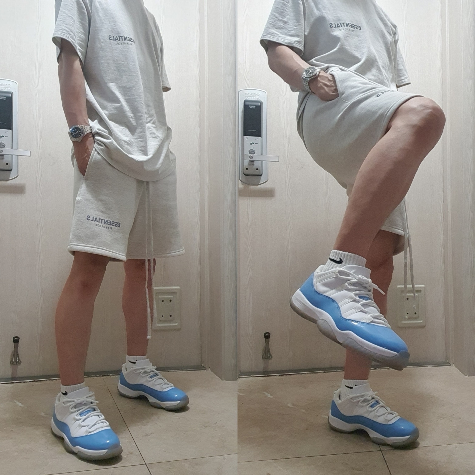 Jordan 11 Retro Low University Blue 2017, Essentials The Core Collection Sweatshorts Oatmeal 착용 스타일