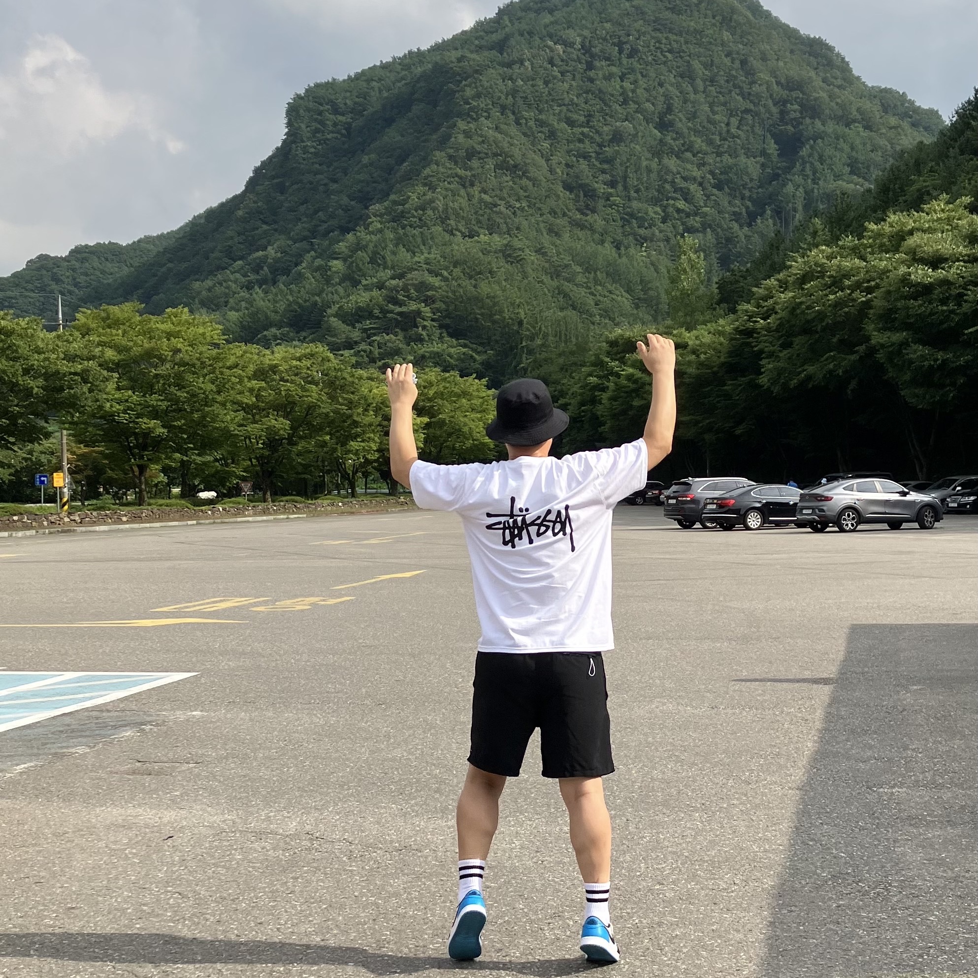 Jordan 1 Retro Low OG Black and Dark Powder Blue, Stussy Basic Stussy T-Shirt White 2022 착용 스타일