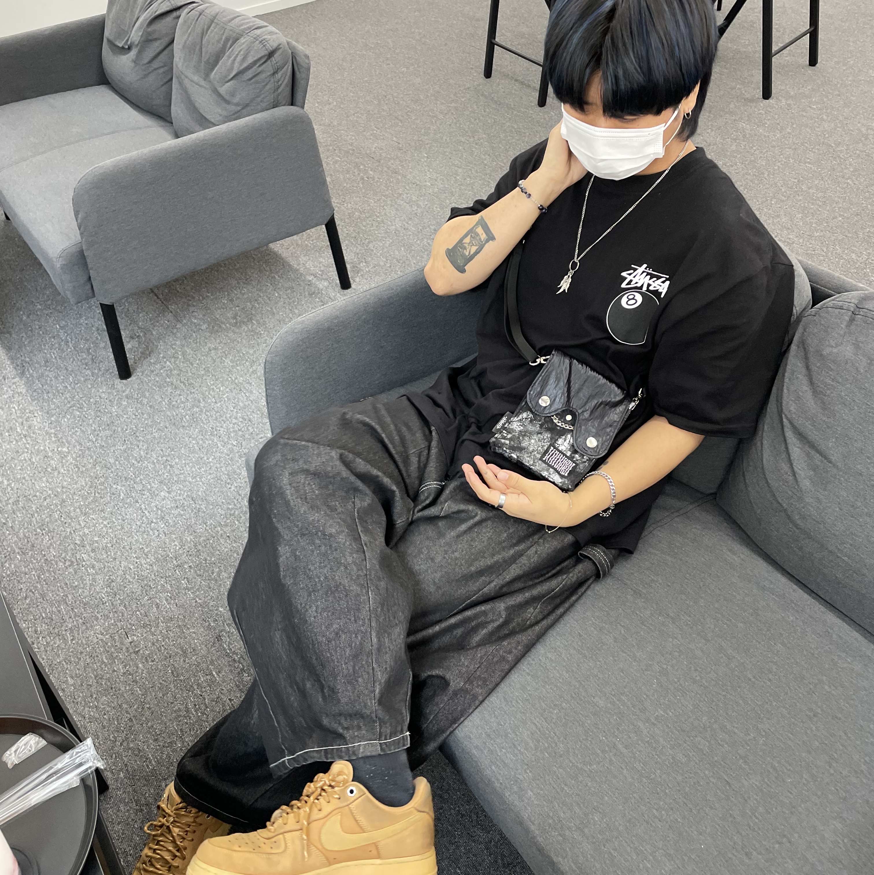 Nike Air Force 1 '07 WB Flax, Stussy 8 Ball T-Shirt Black - 22SS 착용 스타일 - 2