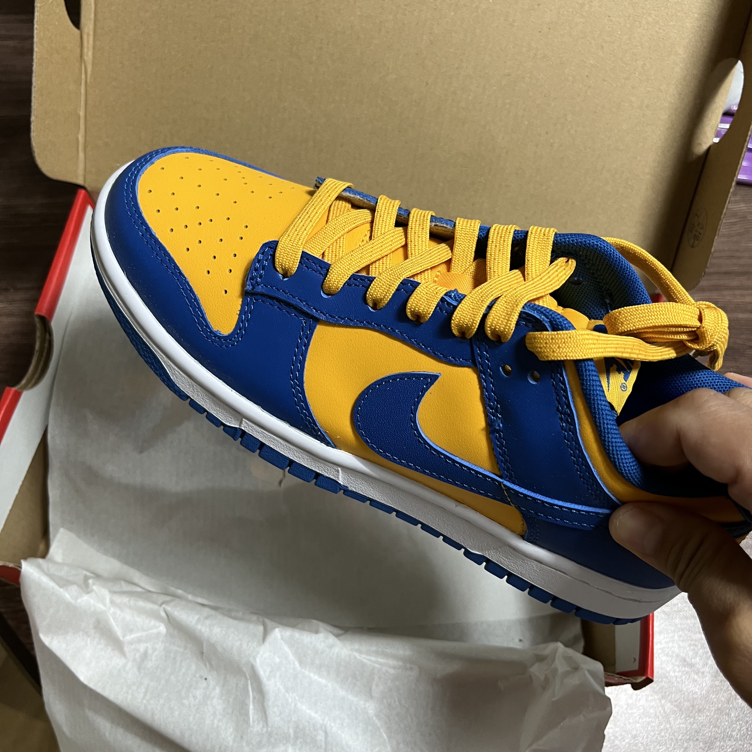 Nike Dunk Low Retro Blue Jay and University Gold 착용 스타일