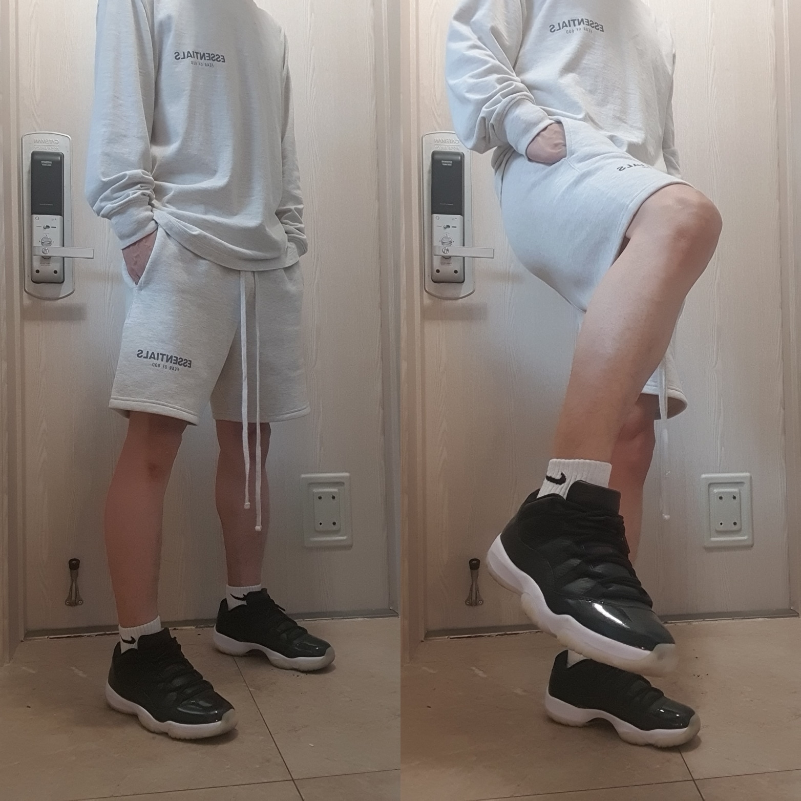 Jordan 11 Retro Low 72-10, Essentials The Core Collection Sweatshorts Oatmeal 착용 스타일
