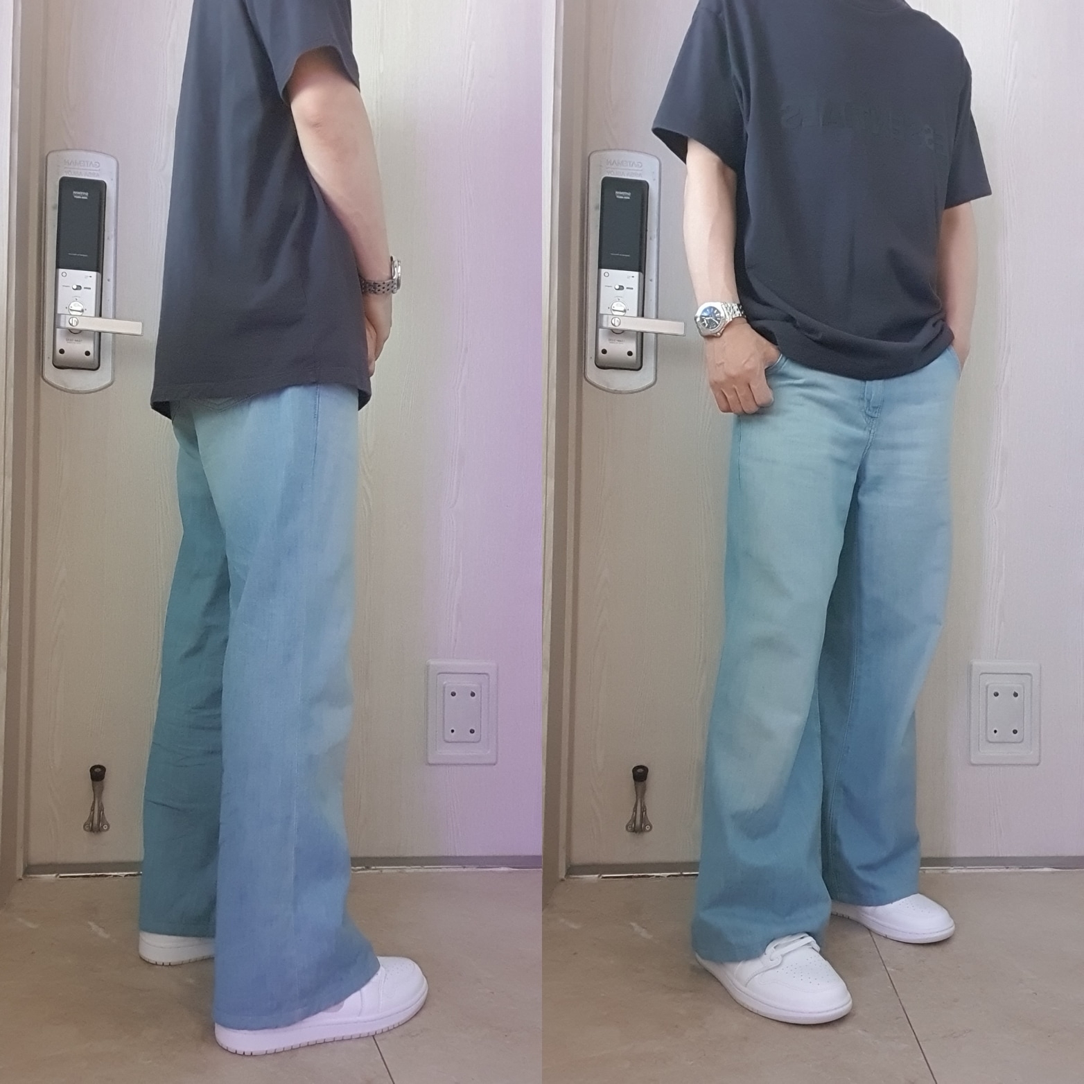 (W) Jordan 1 Low OG Neutral Grey, Essentials 3D Silicon Applique Boxy T-Shirt Navy/Dark Navy - Ssense Exclusive 착용 스타일
