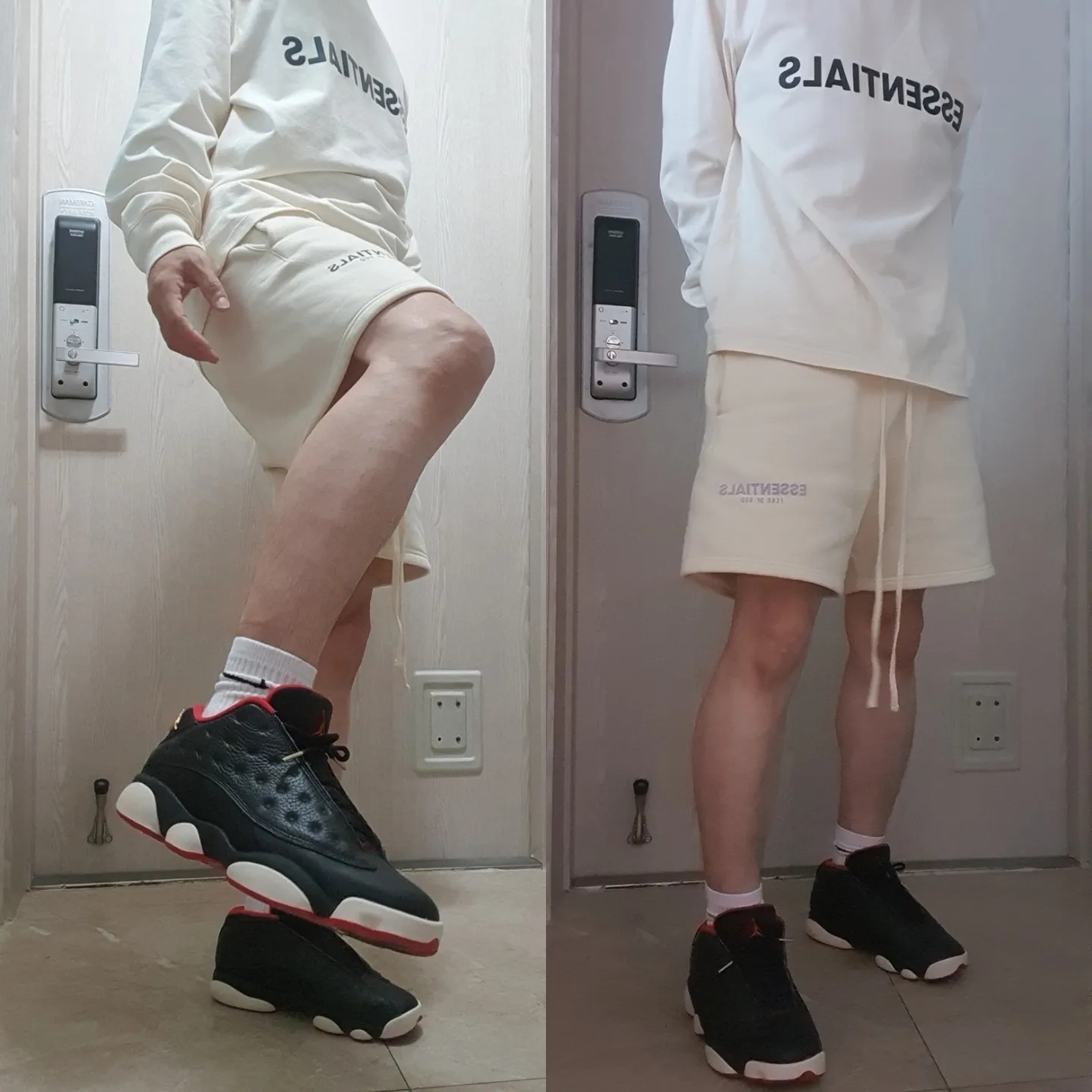 Jordan 13 Retro Low Bred, Essentials Fleece Shorts Buttercream - 20SS 착용 스타일
