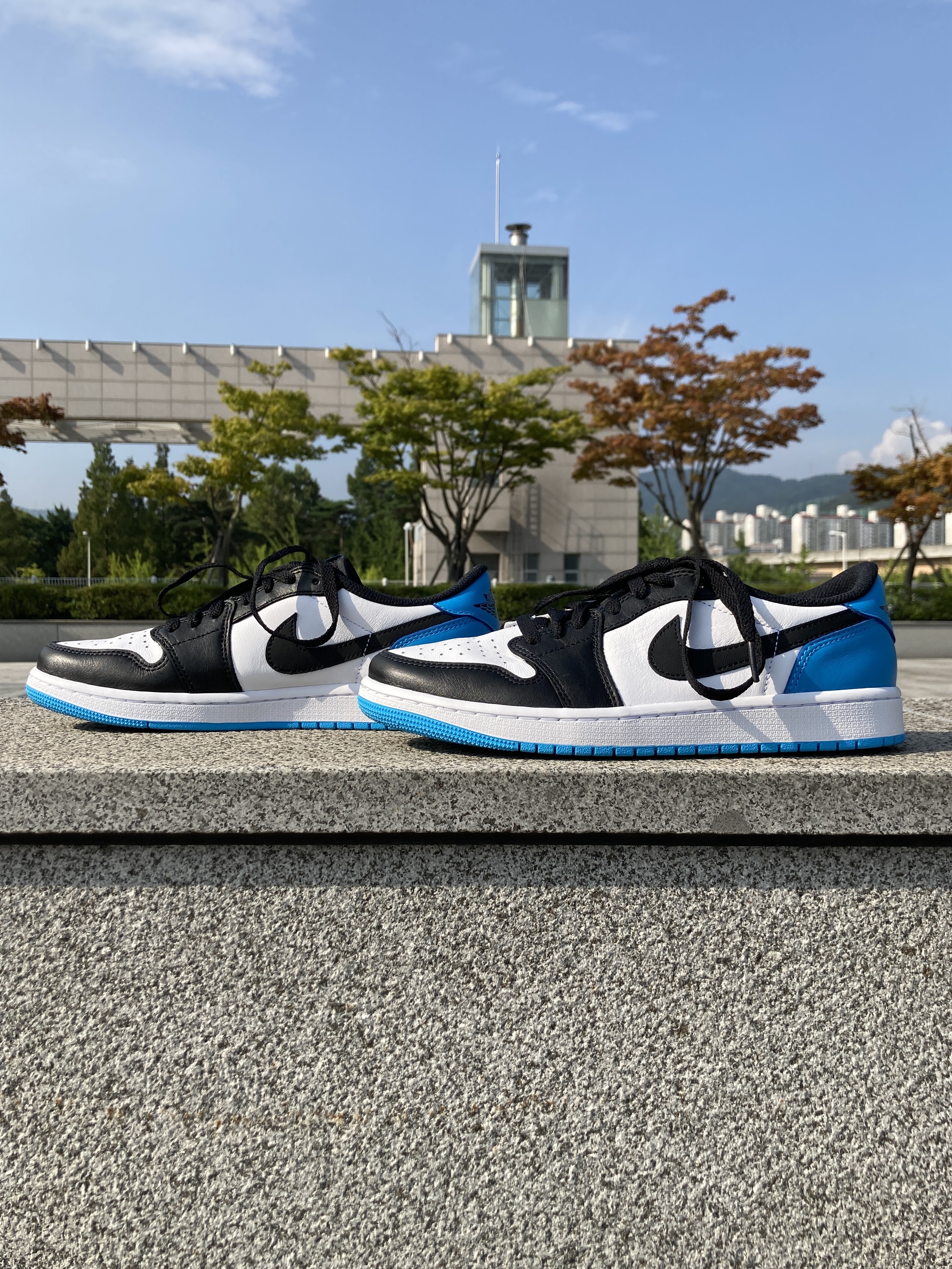 Jordan 1 Retro Low OG Black and Dark Powder Blue 착용 스타일 - 3