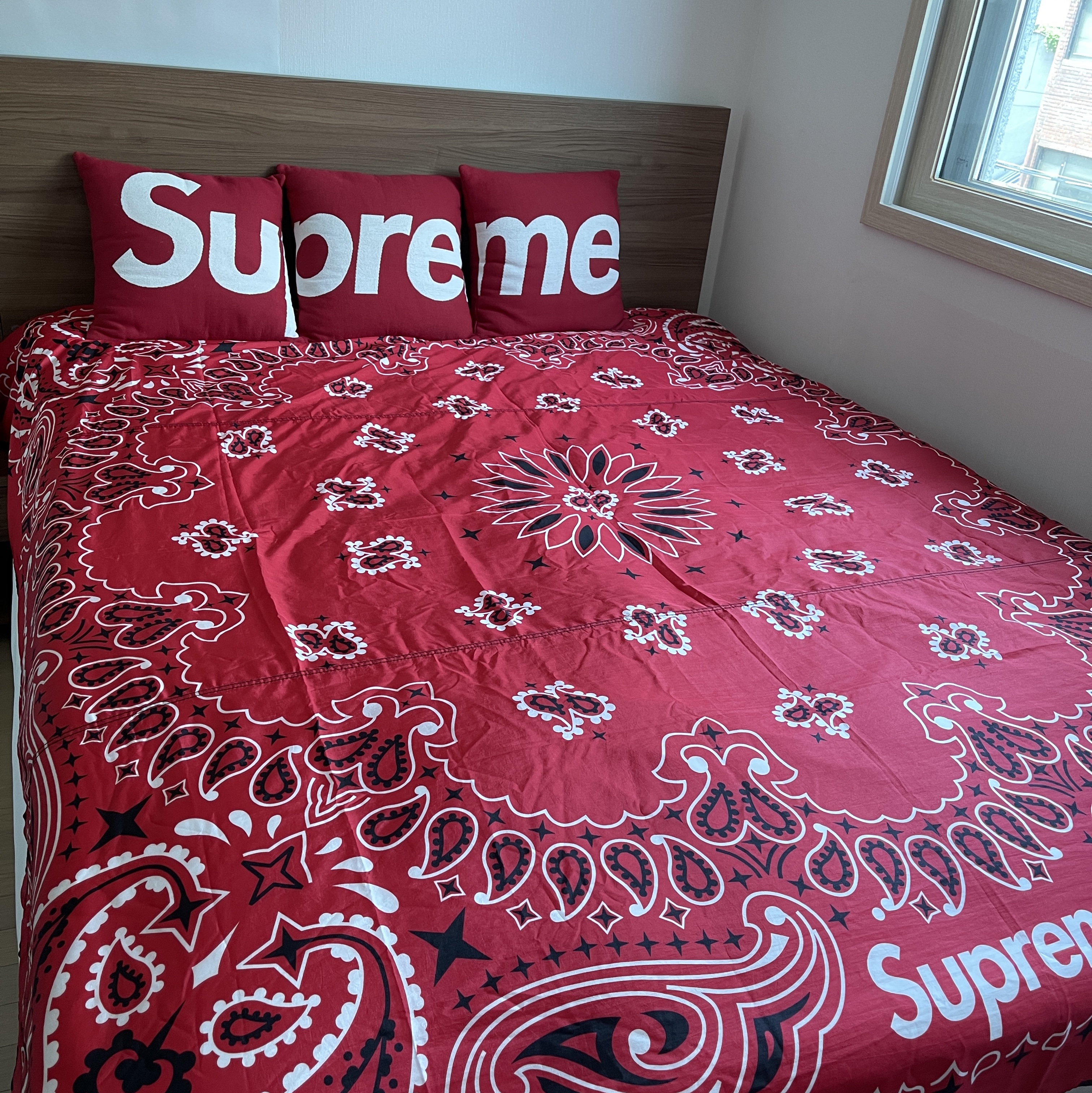 Supreme ENO Islander Nylon Blanket Red - 22SS, Supreme x Jules Pansu Pillows Red (Set of 3) 착용 스타일