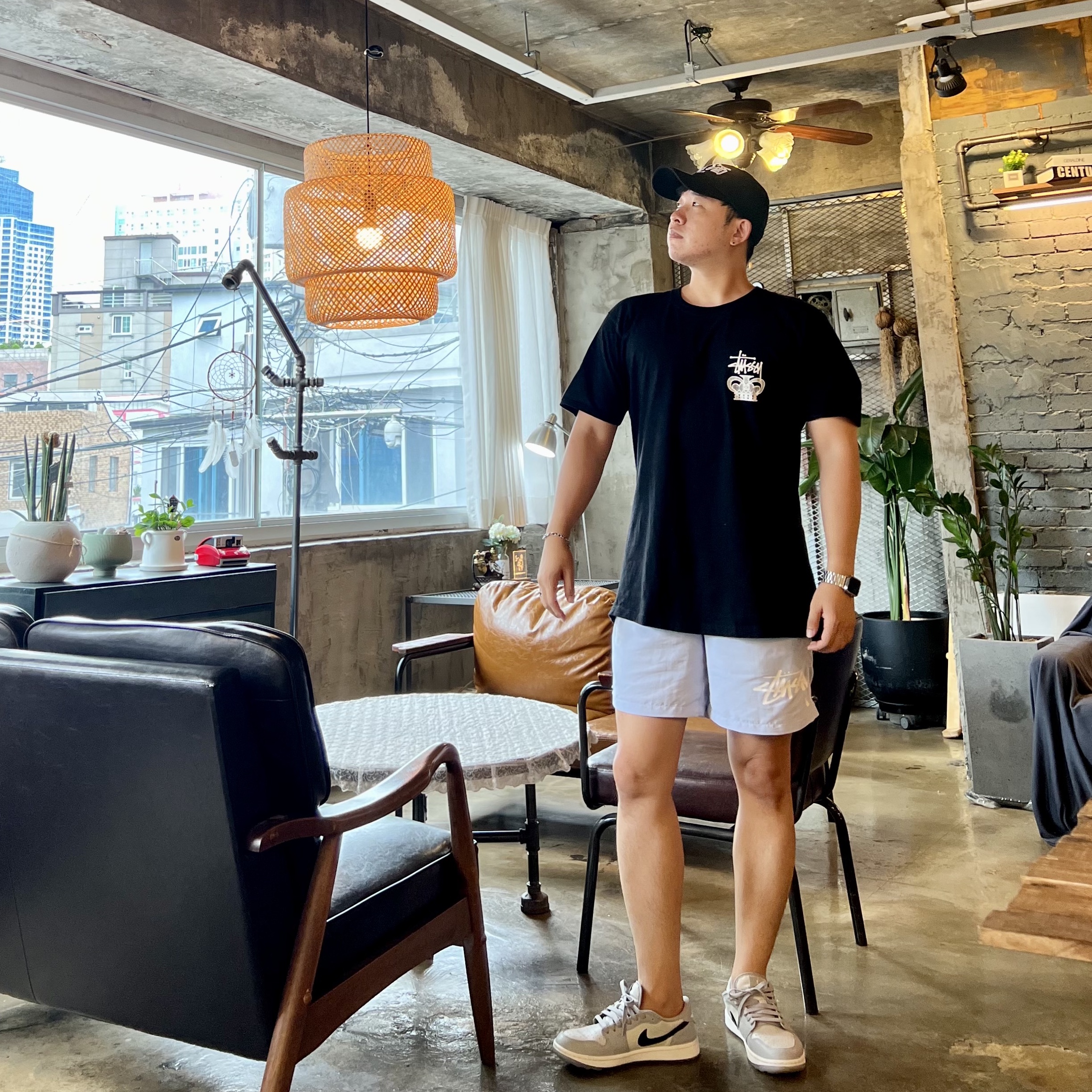 Stussy One World T-Shirt Black, Stussy Big Stock Water Shorts Ice Blue 착용 스타일