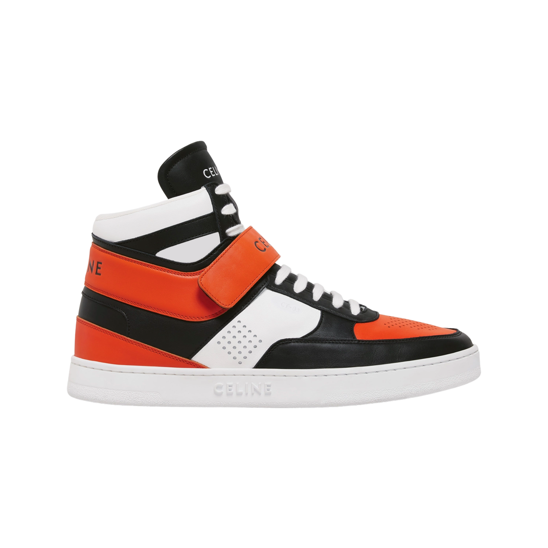 셀린느 CT-03 하이탑 벨크로 카프스킨 스니커즈 블랙 옵틱 화이트 오렌지(Celine CT-03 High Top Velcro Calfskin Sneakers Black Optic White Orange) - 1