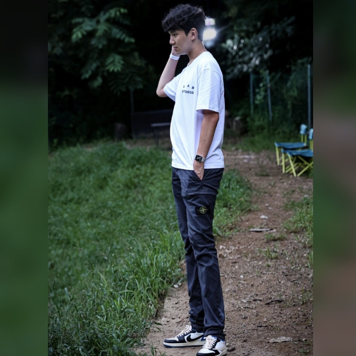Jordan 1 x Travis Scott x Fragment Retro Low OG SP Military Blue, IAB Studio T-Shirt White Navy - 22FW 착용 스타일