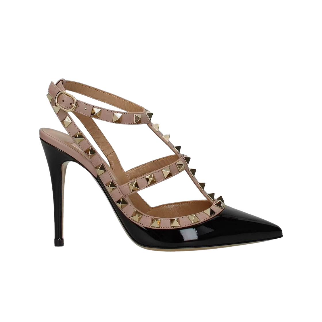(W) 발렌티노 페이턴트 락스터드 케이지 펌프스 100mm 블랙 뿌드르((W) Valentino Patent Rockstud Caged Pumps 100mm Black Poudre) - 1
