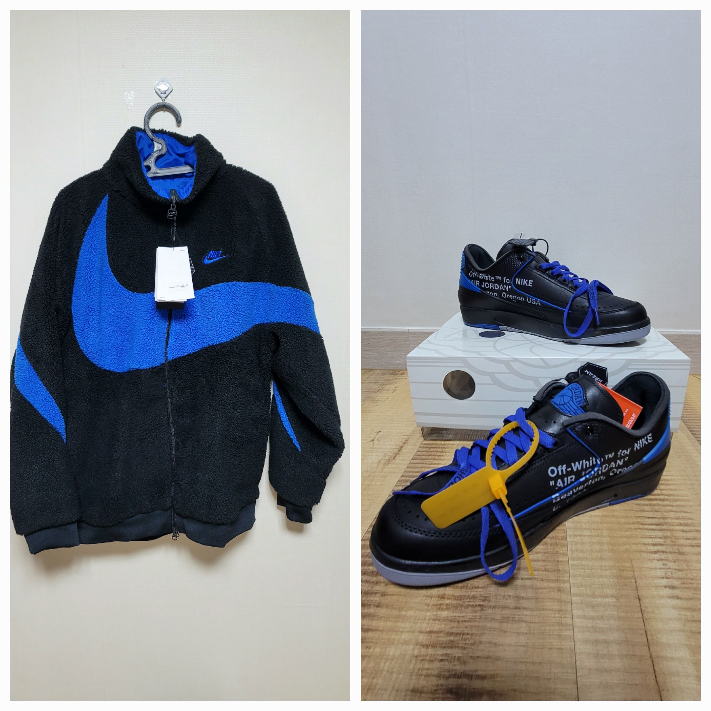 Nike Big Swoosh Full Zip Jacket Black Game Royal, Jordan 2 x Off-White Retro Low SP Black and Varsity Royal 착용 스타일 - 1