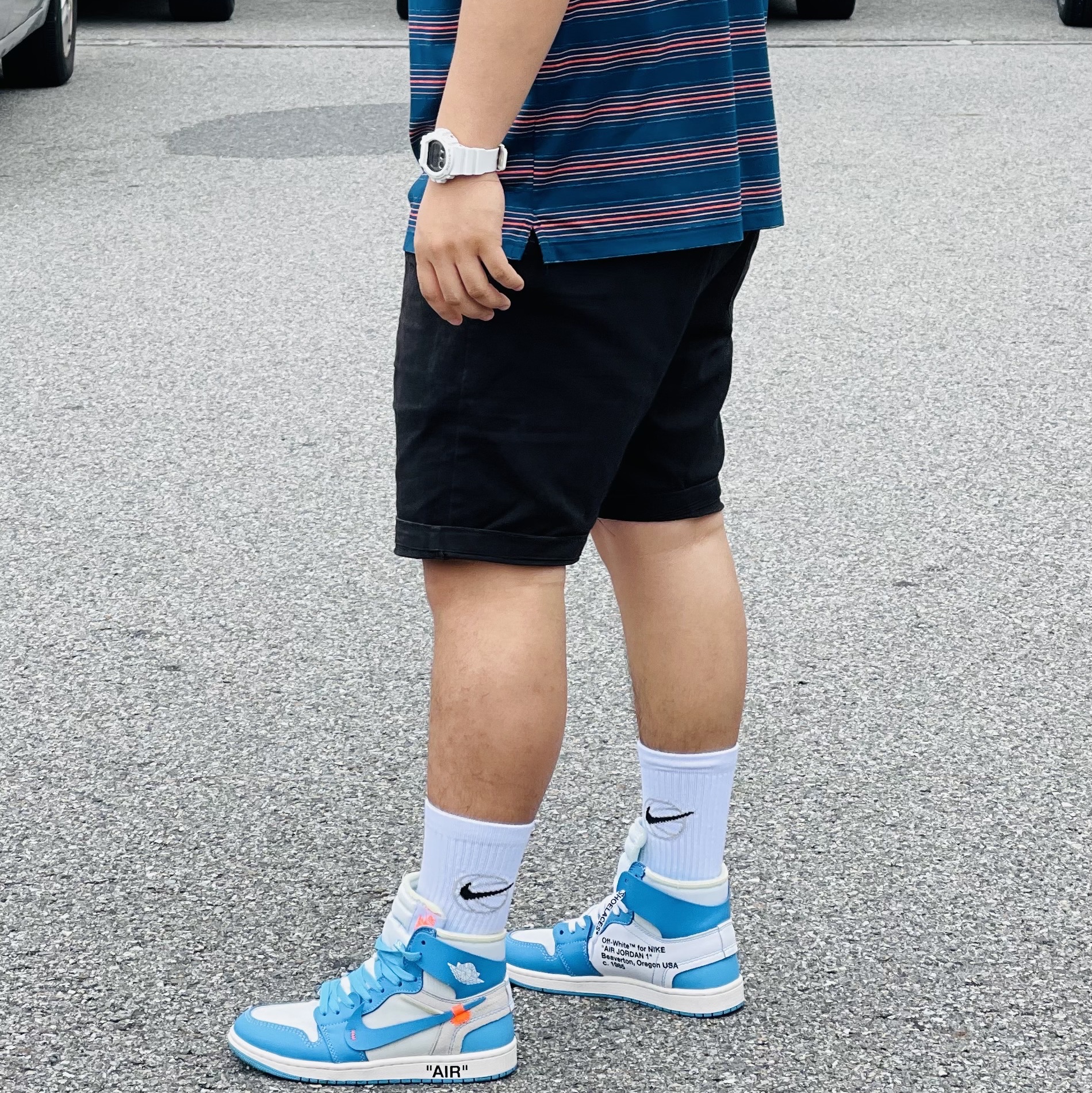 Jordan 1 x Off-White Retro High University Blue 착용 스타일