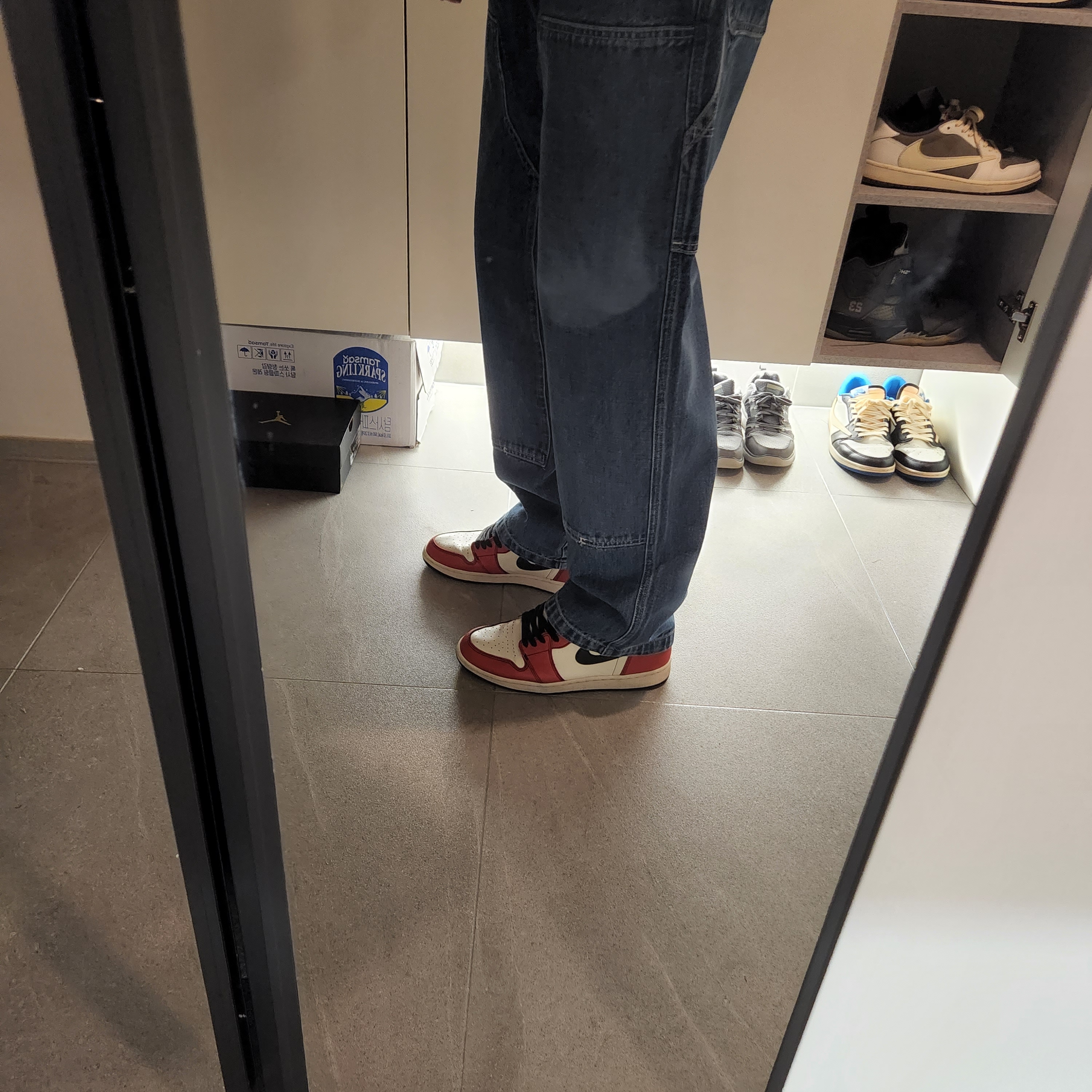 Stussy Denim Work Pants Blue, Jordan 1 x Travis Scott Retro Low OG SP Sail and Ridgerock 착용 스타일 - 4