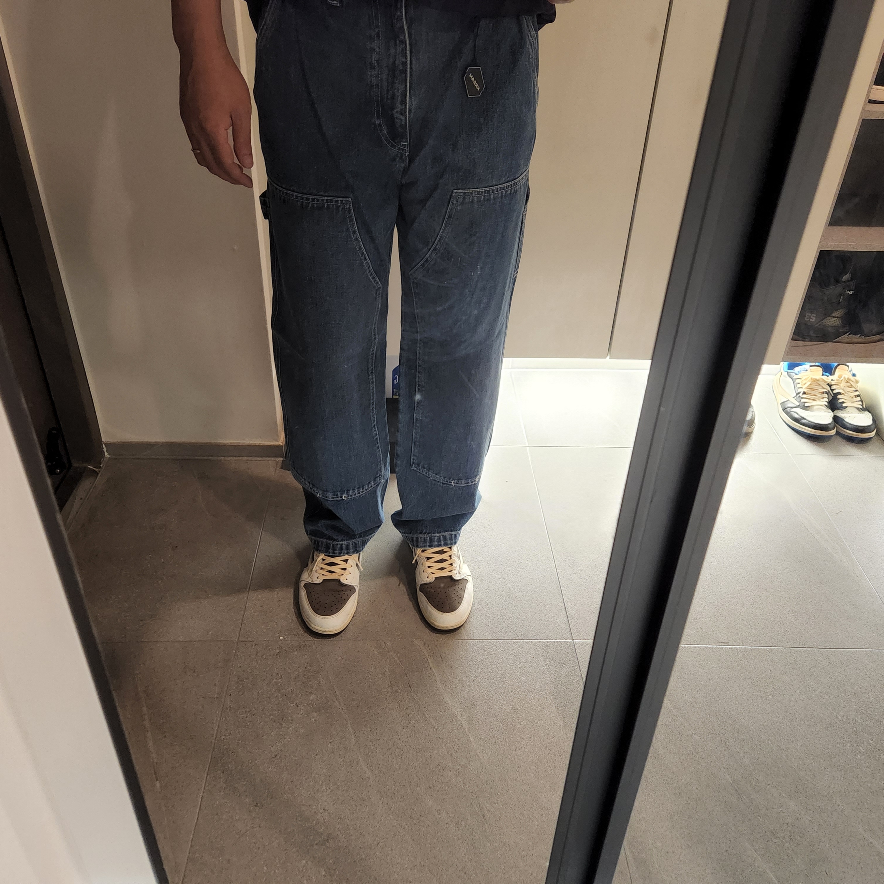 Stussy Denim Work Pants Blue, Jordan 1 x Travis Scott Retro Low OG SP Sail and Ridgerock 착용 스타일 - 1