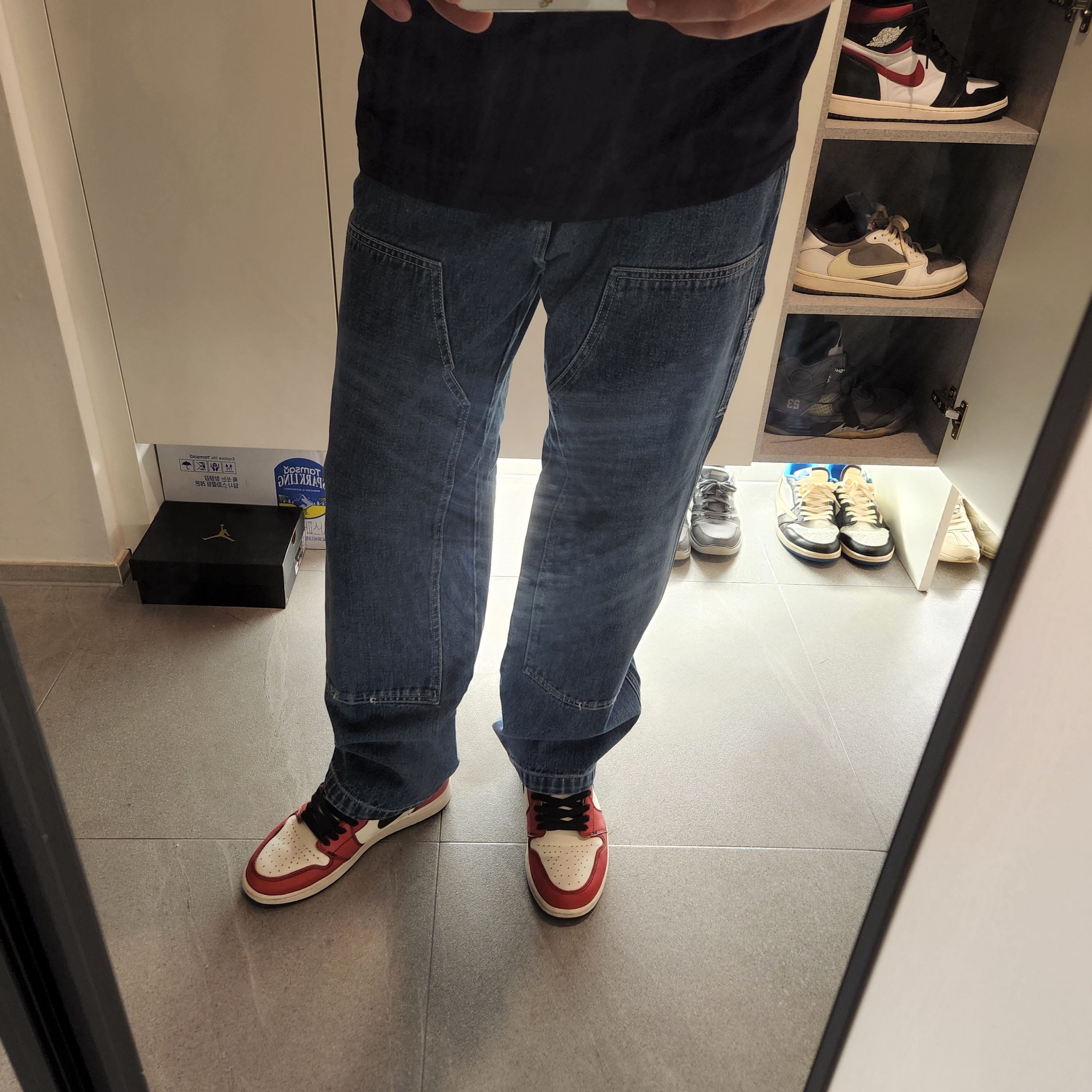 Stussy Denim Work Pants Blue, Jordan 1 x Travis Scott Retro Low OG SP Sail and Ridgerock 착용 스타일 - 3