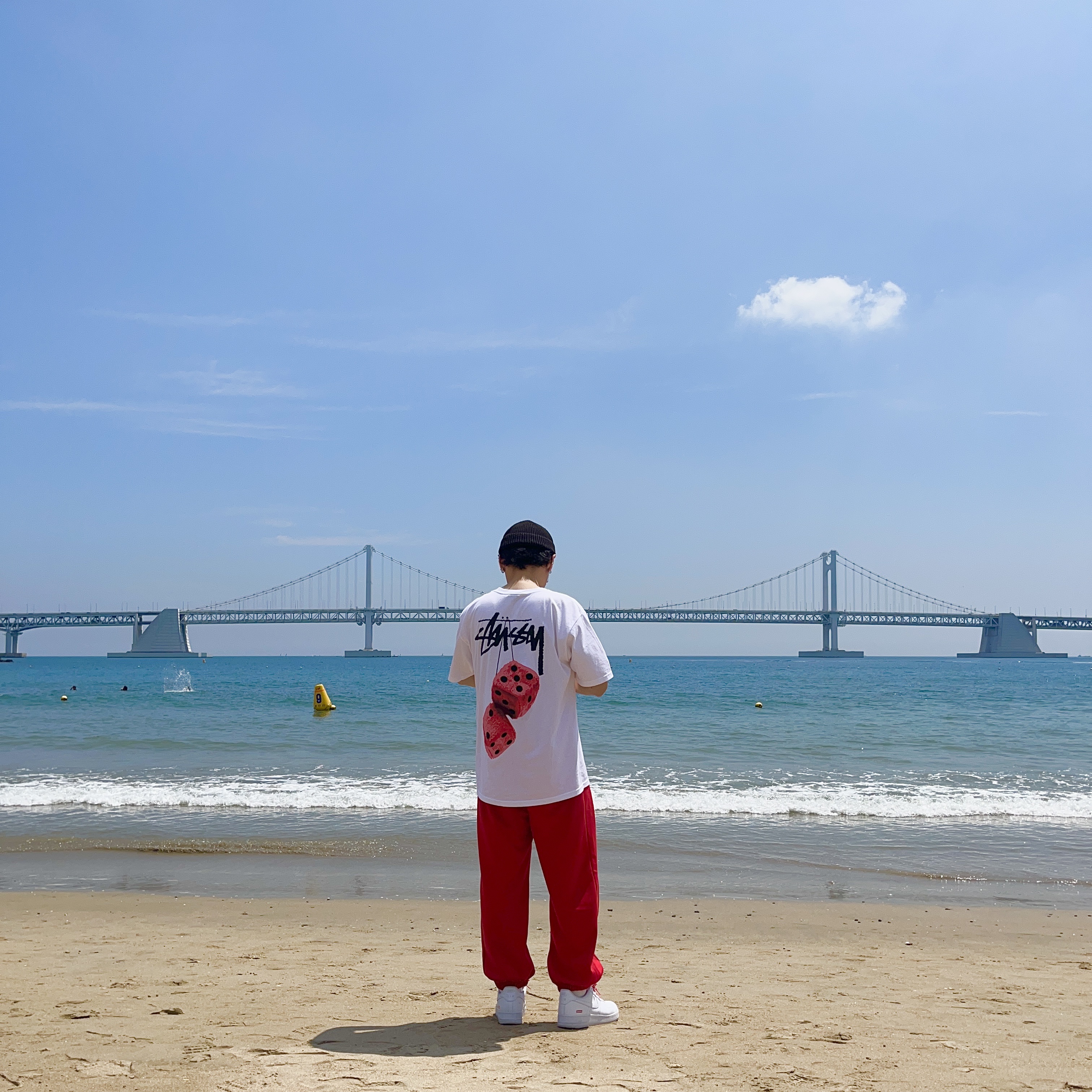 Nike x Supreme Air Force 1 Low White, Stussy Fuzzy Dice T-Shirt White 착용 스타일
