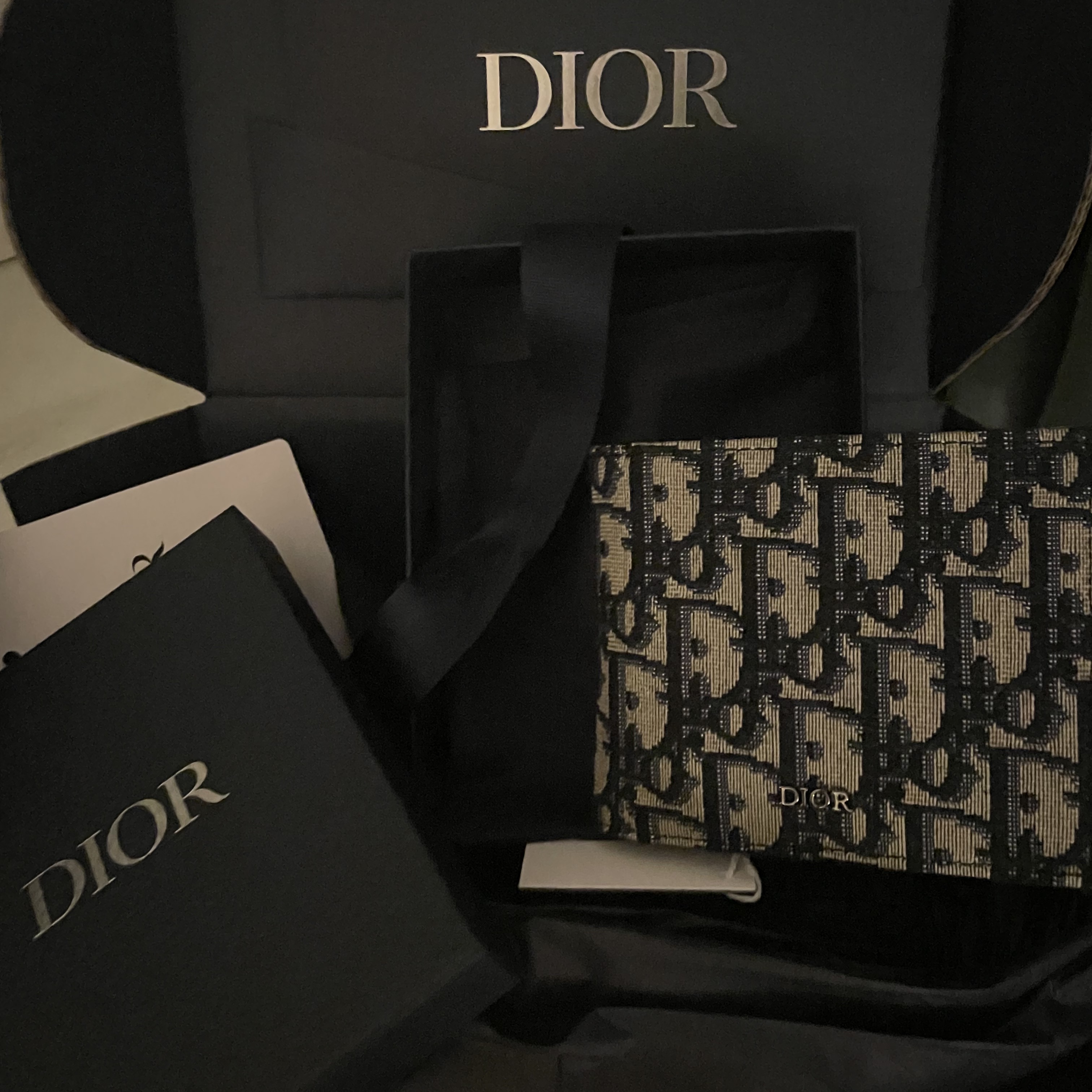 Dior Compact Wallet Beige & Black Dior Oblique Jacquard 착용 스타일