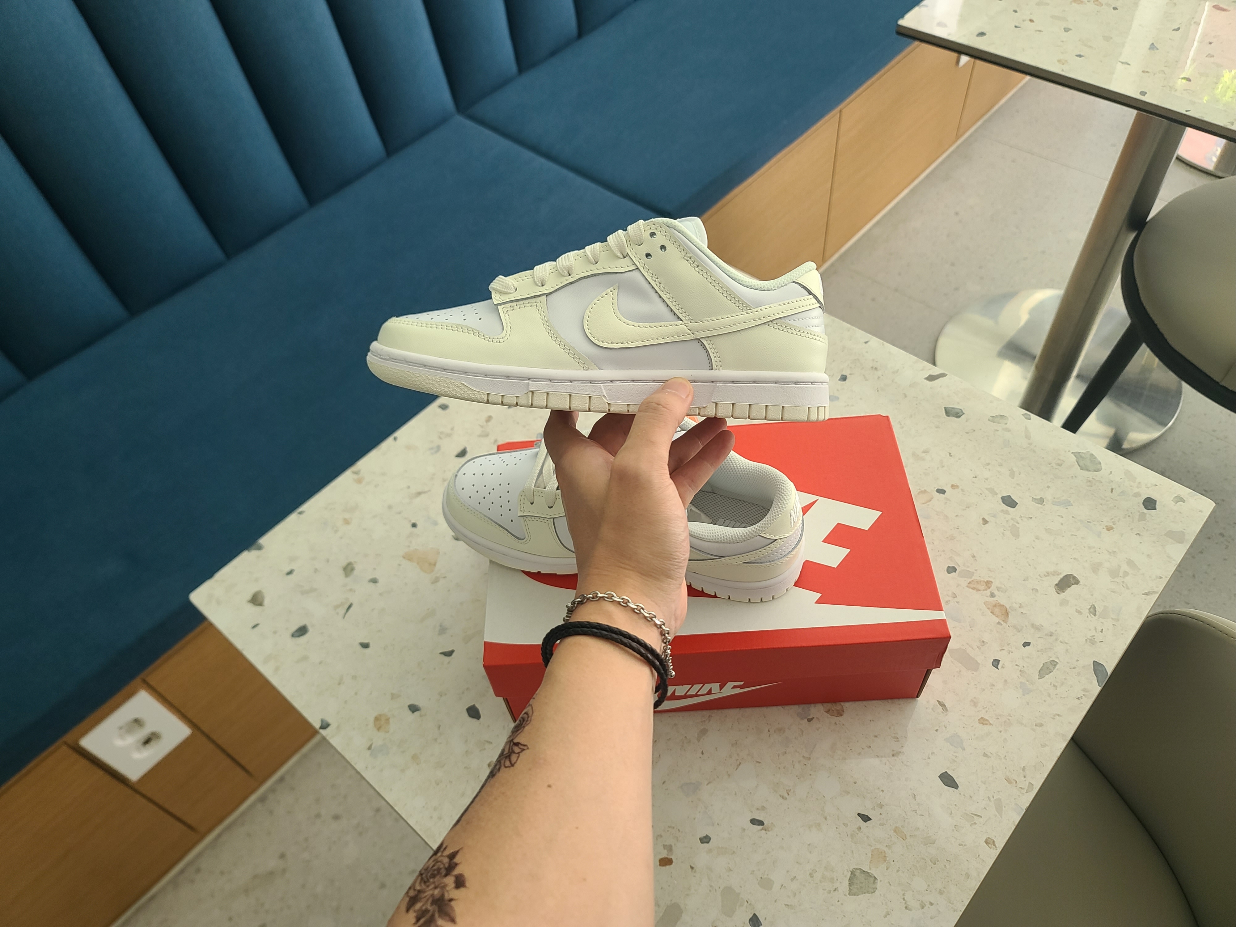 (W) Nike Dunk Low White and Sail, (W) Nike Dunk Low Next Nature Sail 착용 스타일 - 1