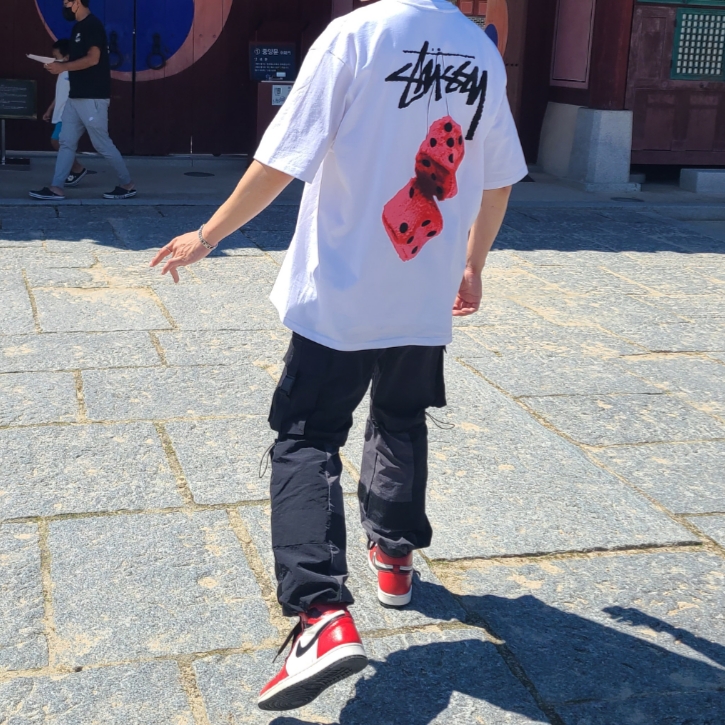 Jordan 1 Retro High OG Defiant SB LA to Chicago, Stussy Fuzzy Dice T-Shirt White 착용 스타일