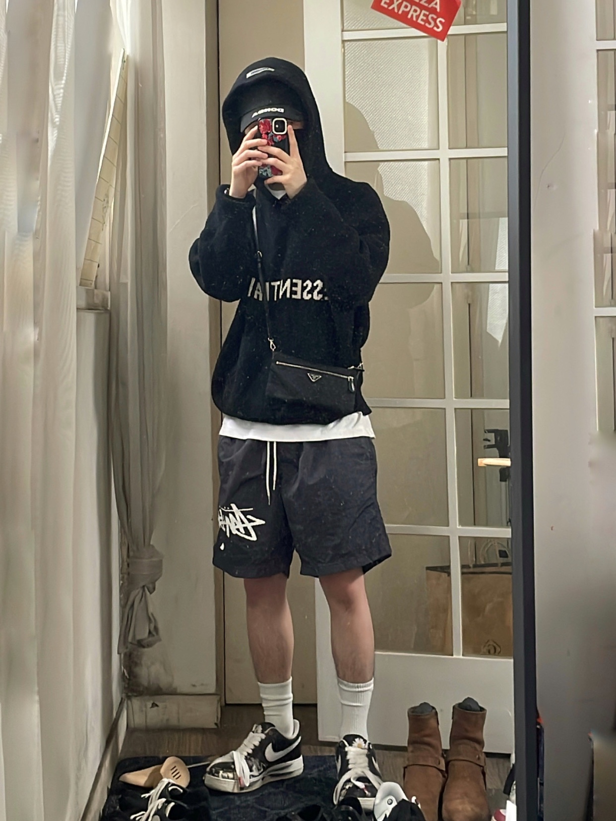 Essentials Knit Hoodie Black - 20FW, Nike x Stussy Water Shorts Off Noir 착용 스타일