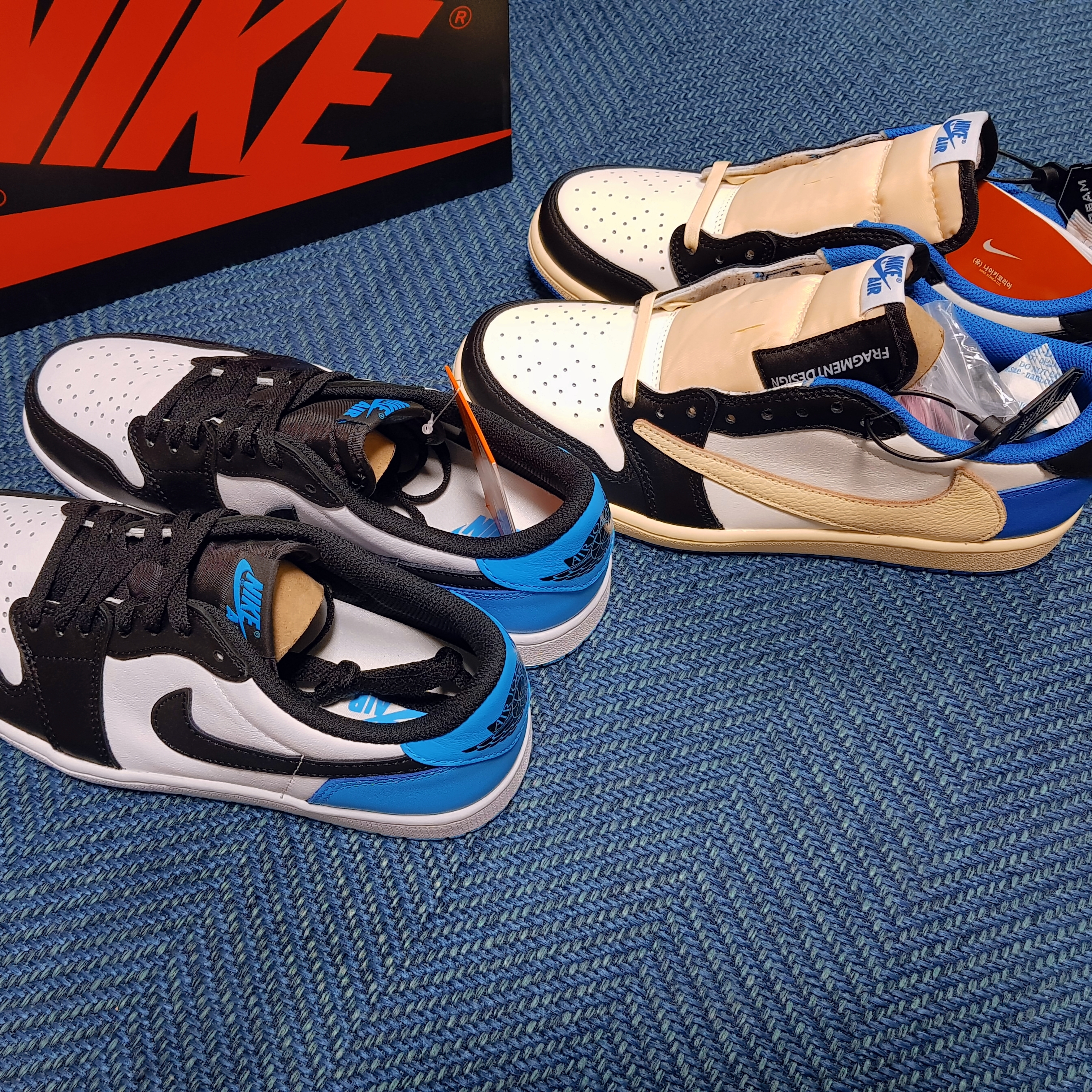 Jordan 1 x Travis Scott x Fragment Retro Low OG SP Military Blue, Jordan 1 Retro Low OG Black and Dark Powder Blue 착용 스타일