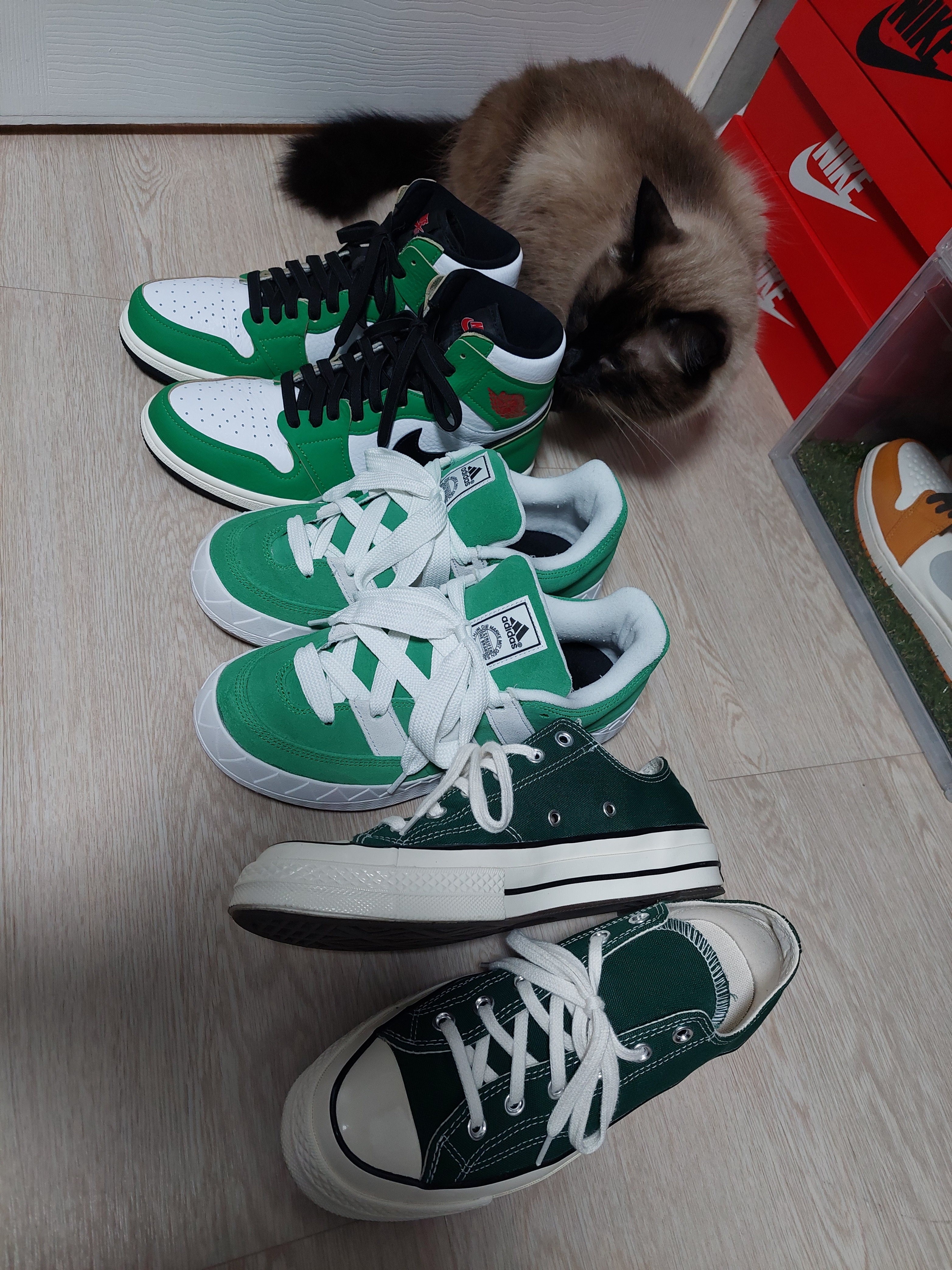 (W) Jordan 1 Retro High OG Lucky Green, Converse Chuck 70 Ox Midnight Clover 착용 스타일