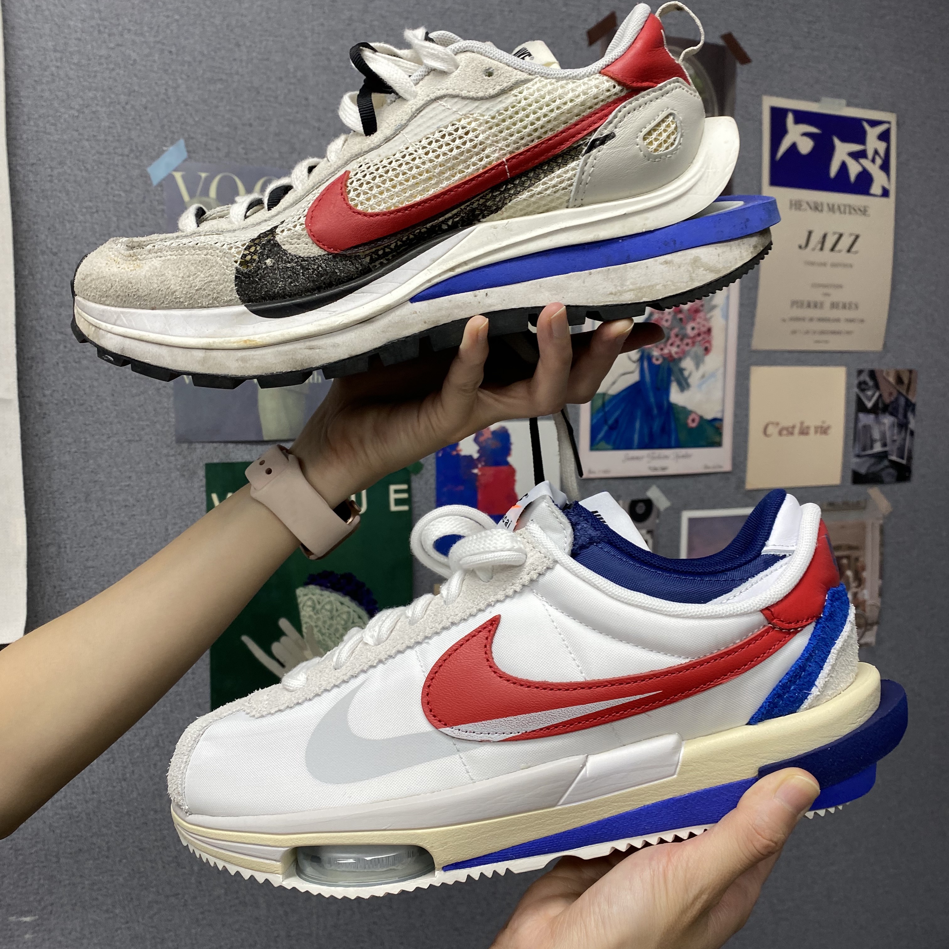 Nike x Sacai Zoom Cortez SP White and University Red, Nike x Sacai VaporWaffle Royal Fuchsia 착용 스타일