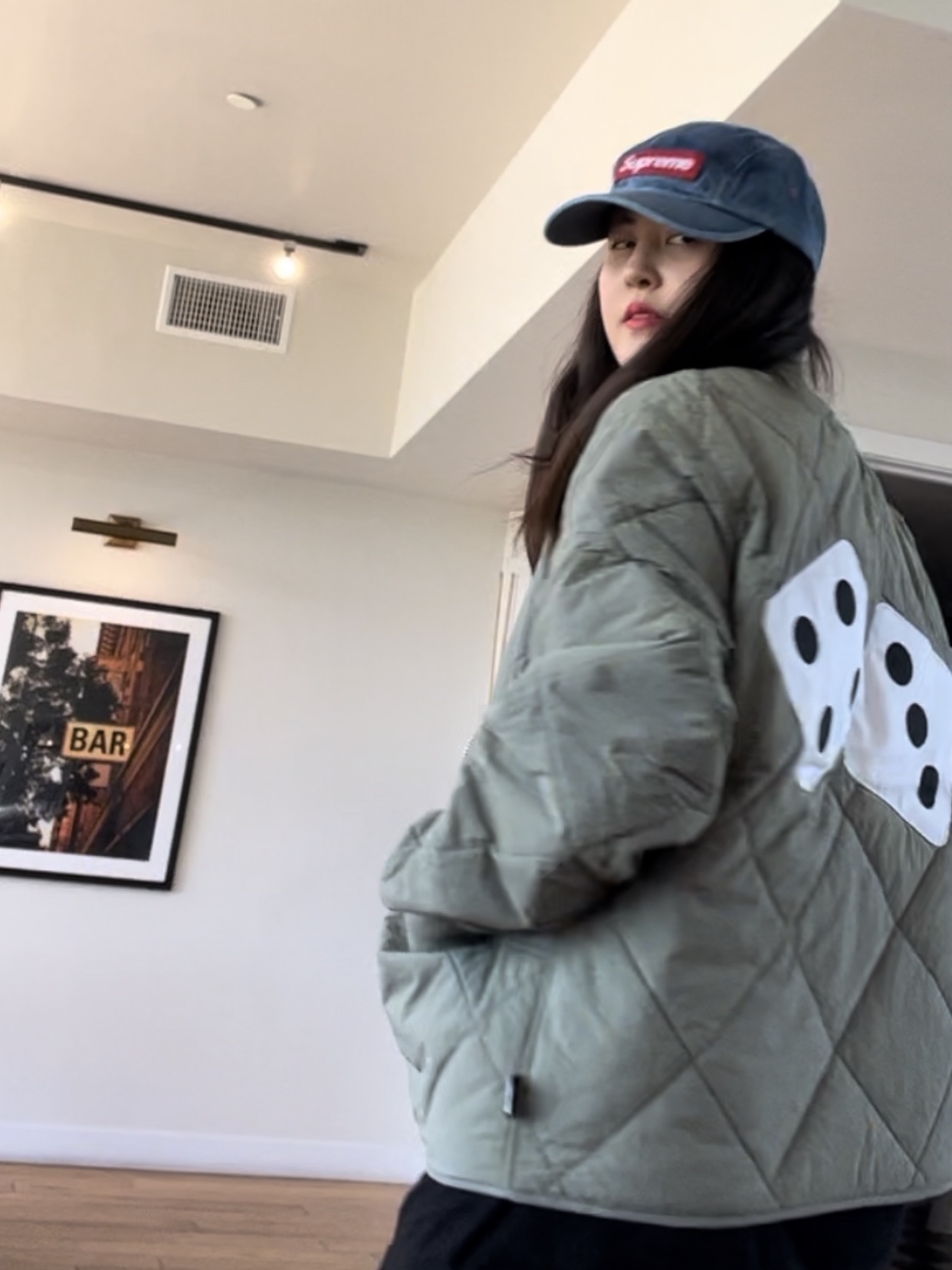 Supreme Washed Chino Twill Camp Cap Denim - 22FW, Stussy Dice Quilted Liner Jacket Olive 착용 스타일 - 2