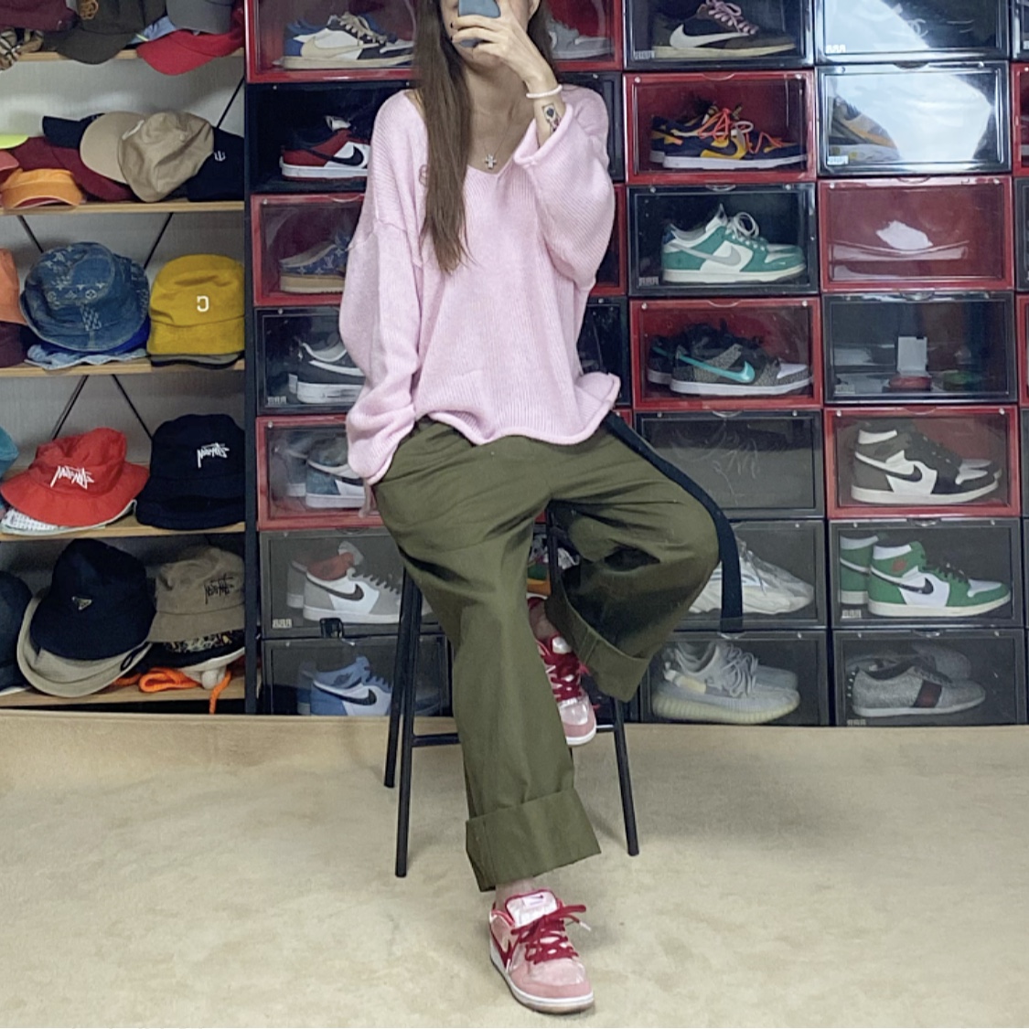 Nike x StrangeLove SB Dunk Low Pink (Regular Box), Peaceminusone Work Pants #1 Khaki 착용 스타일 - 2