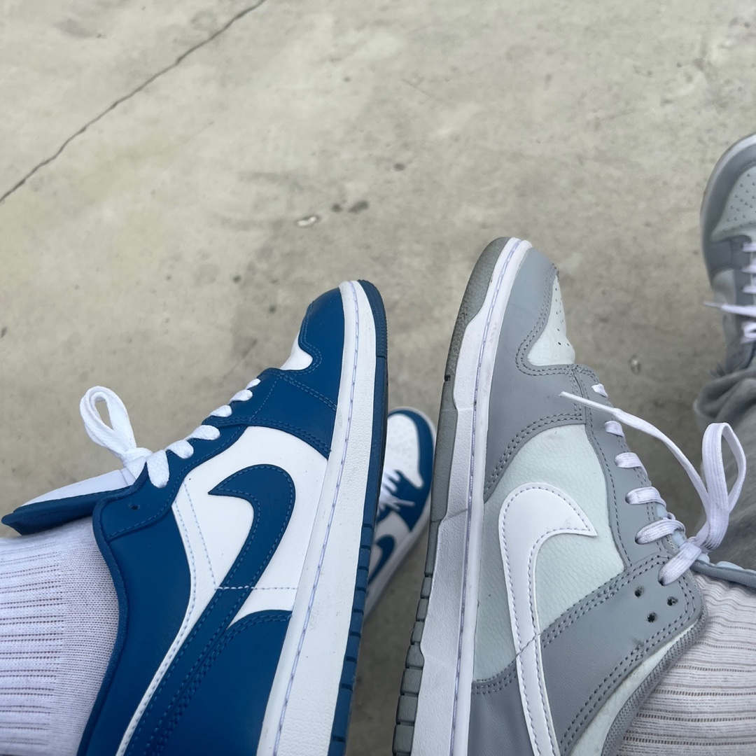 (W) Jordan 1 Low White Dark Marina Blue, Nike Dunk Low Retro Wolf Grey 착용 스타일