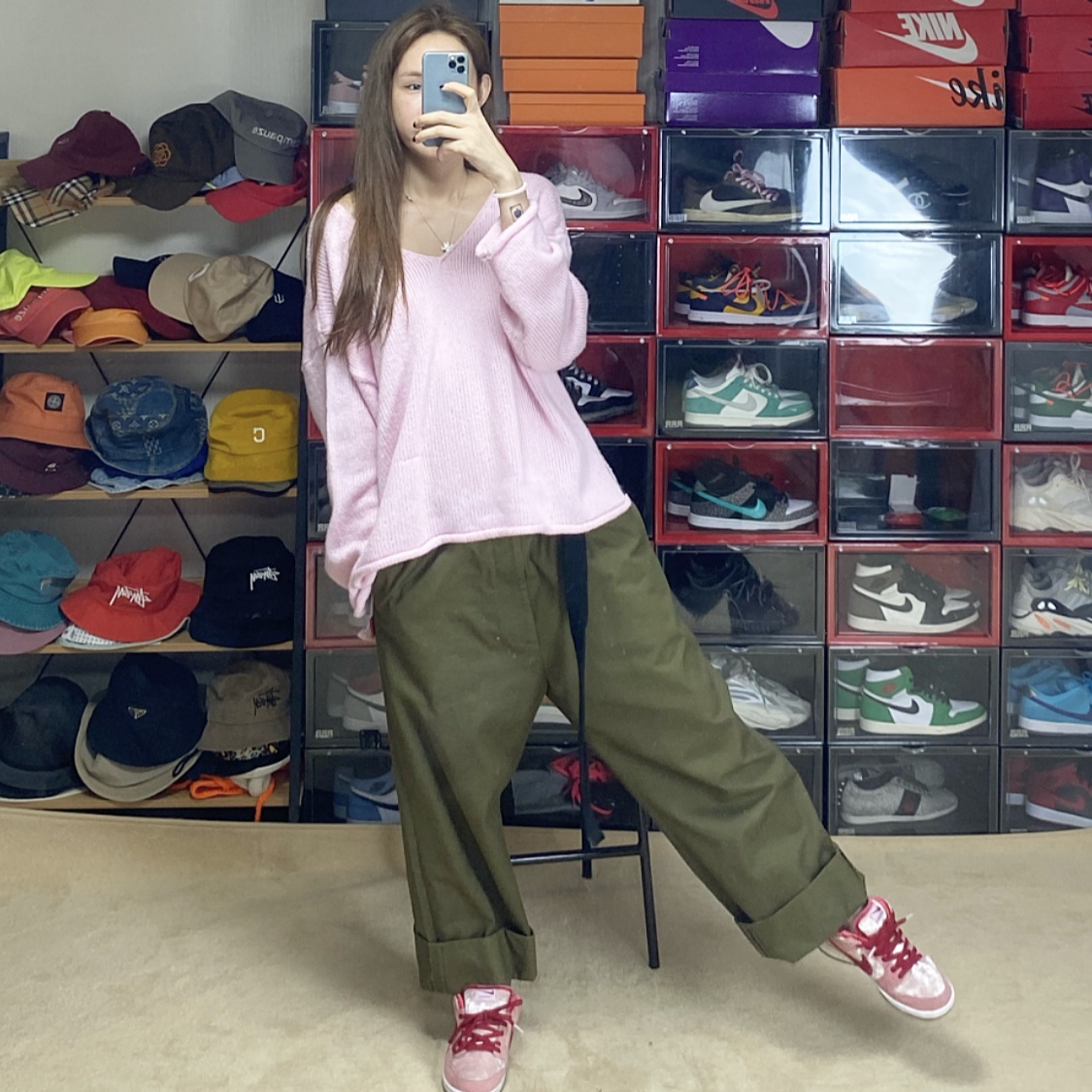 Nike x StrangeLove SB Dunk Low Pink (Regular Box), Peaceminusone Work Pants #1 Khaki 착용 스타일 - 1