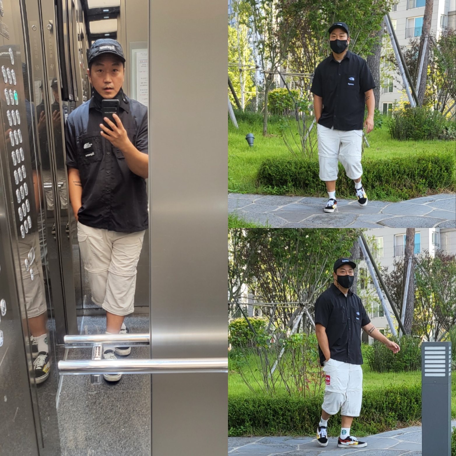 Supreme x The North Face Trekking Zip-Off Belted Pants Stone - 22SS, Supreme x The North Face Trekking S/S Shirt Black - 22SS 착용 스타일