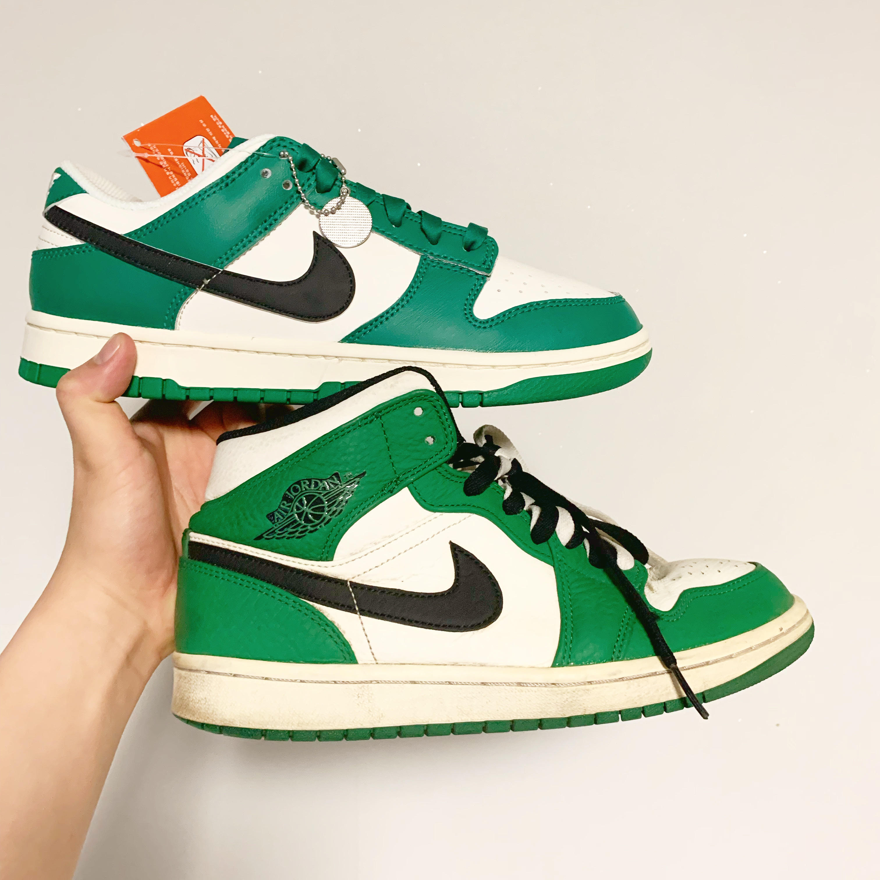 Jordan 1 Mid Pine Green, Nike Dunk Low Retro SE Jackpot Malachite 착용 스타일
