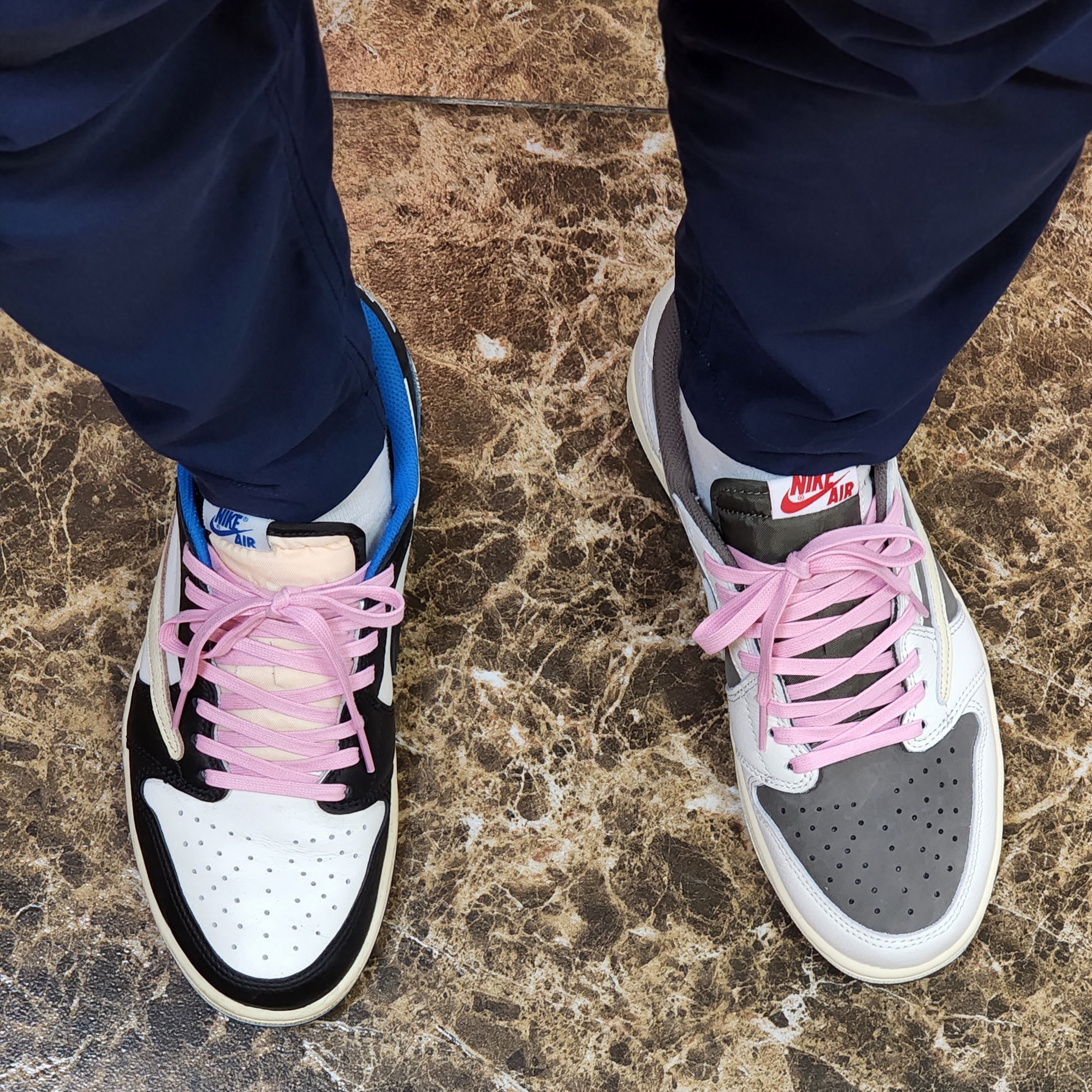 Jordan 1 x Travis Scott x Fragment Retro Low OG SP Military Blue, Jordan 1 x Travis Scott Retro Low OG SP Sail and Ridgerock 착용 스타일