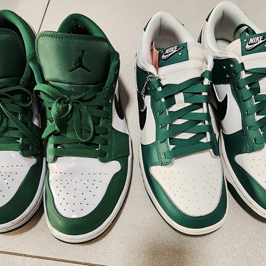 Jordan 1 Low Pine Green, Nike Dunk Low Retro SE Jackpot Malachite 착용 스타일 - 1