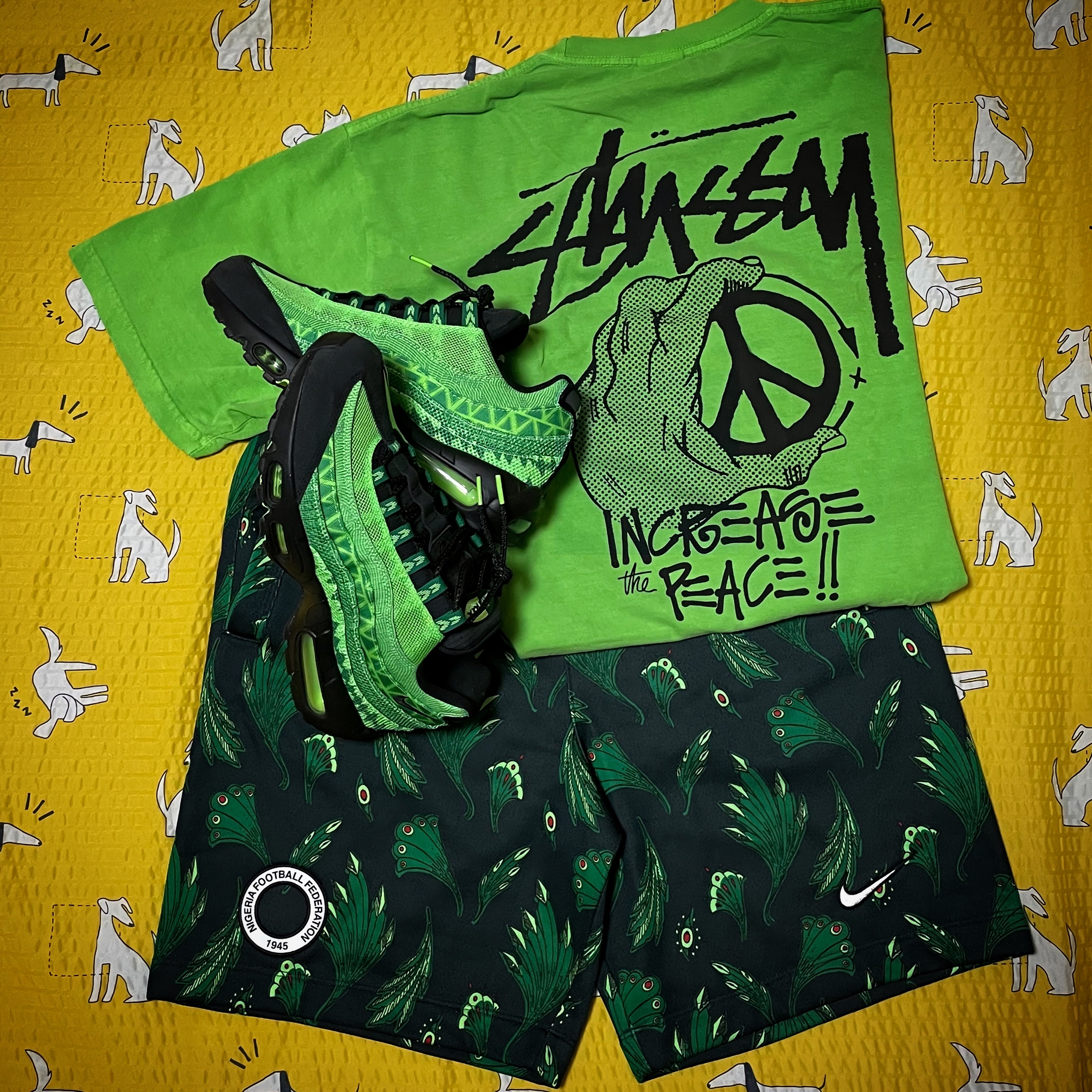 Nike Air Max 95 Nigeria, Stussy Peace Hand Pigment dyed T-Shirt Green 착용 스타일