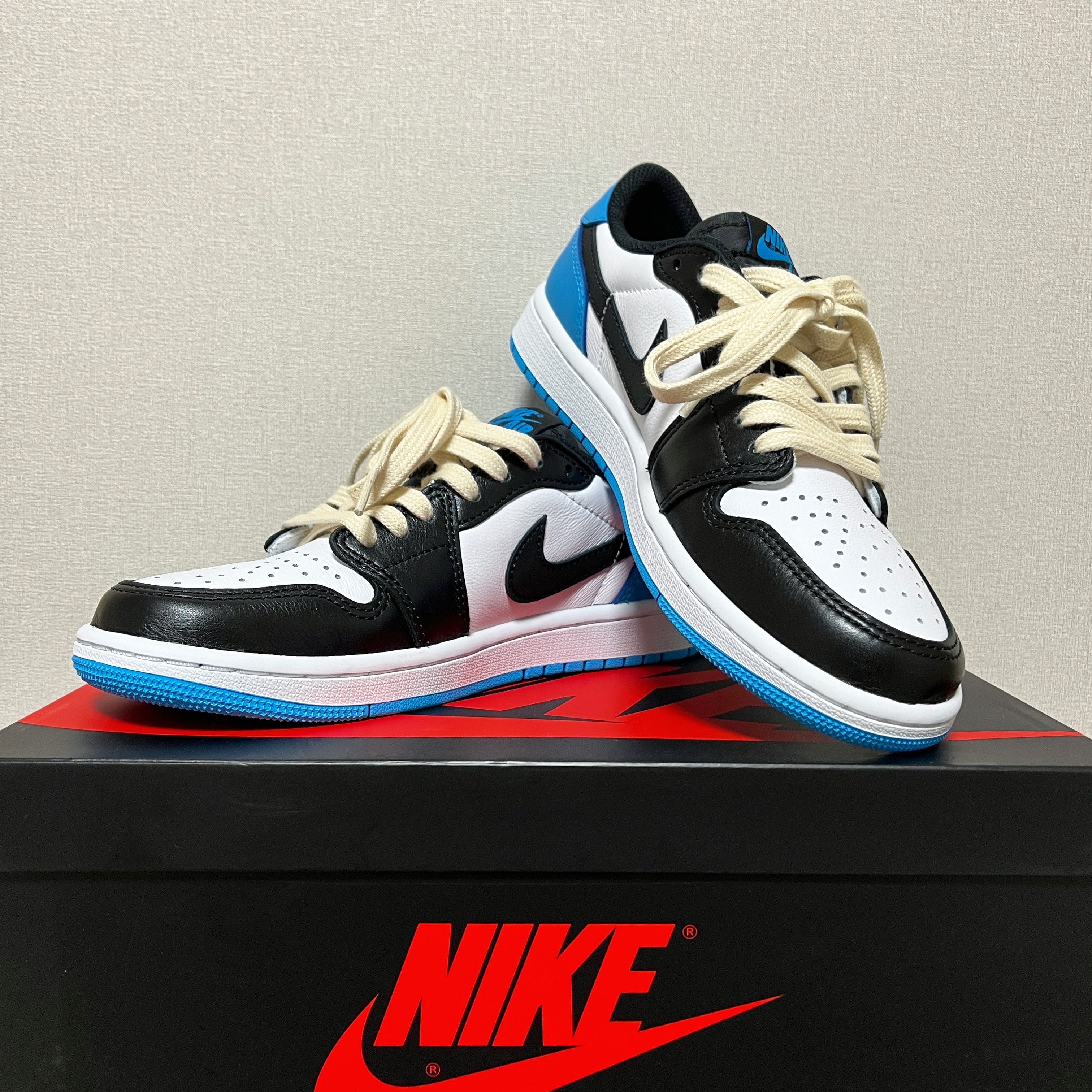Jordan 1 Retro Low OG Black and Dark Powder Blue 착용 스타일 - 1