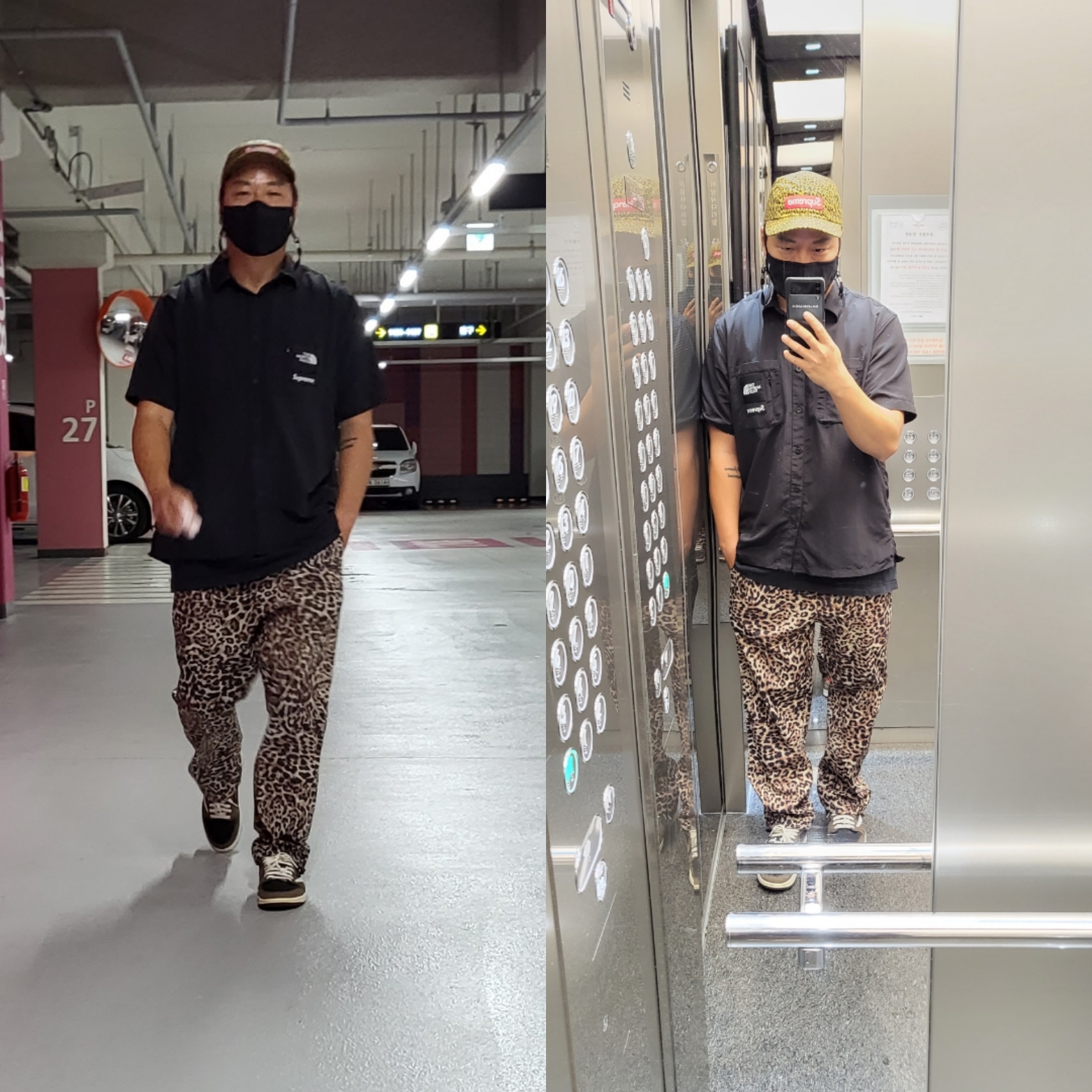 Supreme x The North Face Trekking S/S Shirt Black - 22SS, Supreme x Barbour Waxed Cotton Camp Cap Leopard - 20SS 착용 스타일