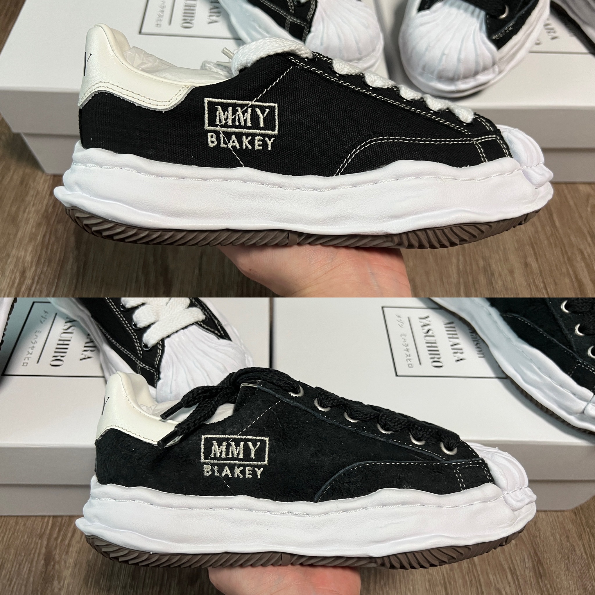 Maison Mihara Yasuhiro Blakey OG Sole Canvas Low-top Sneakers Black White, Maison Mihara Yasuhiro Blakey OG Sole Broken Suede Low-top Sneakers Black 착용 스타일