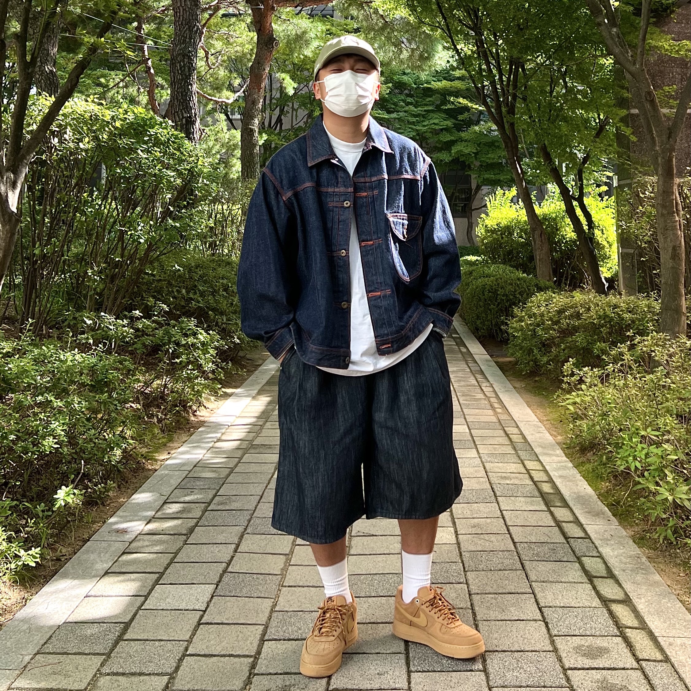 Nike Air Force 1 '07 WB Flax, Supreme Kevlar Denim S Logo 6-Panel Olive - 22SS 착용 스타일