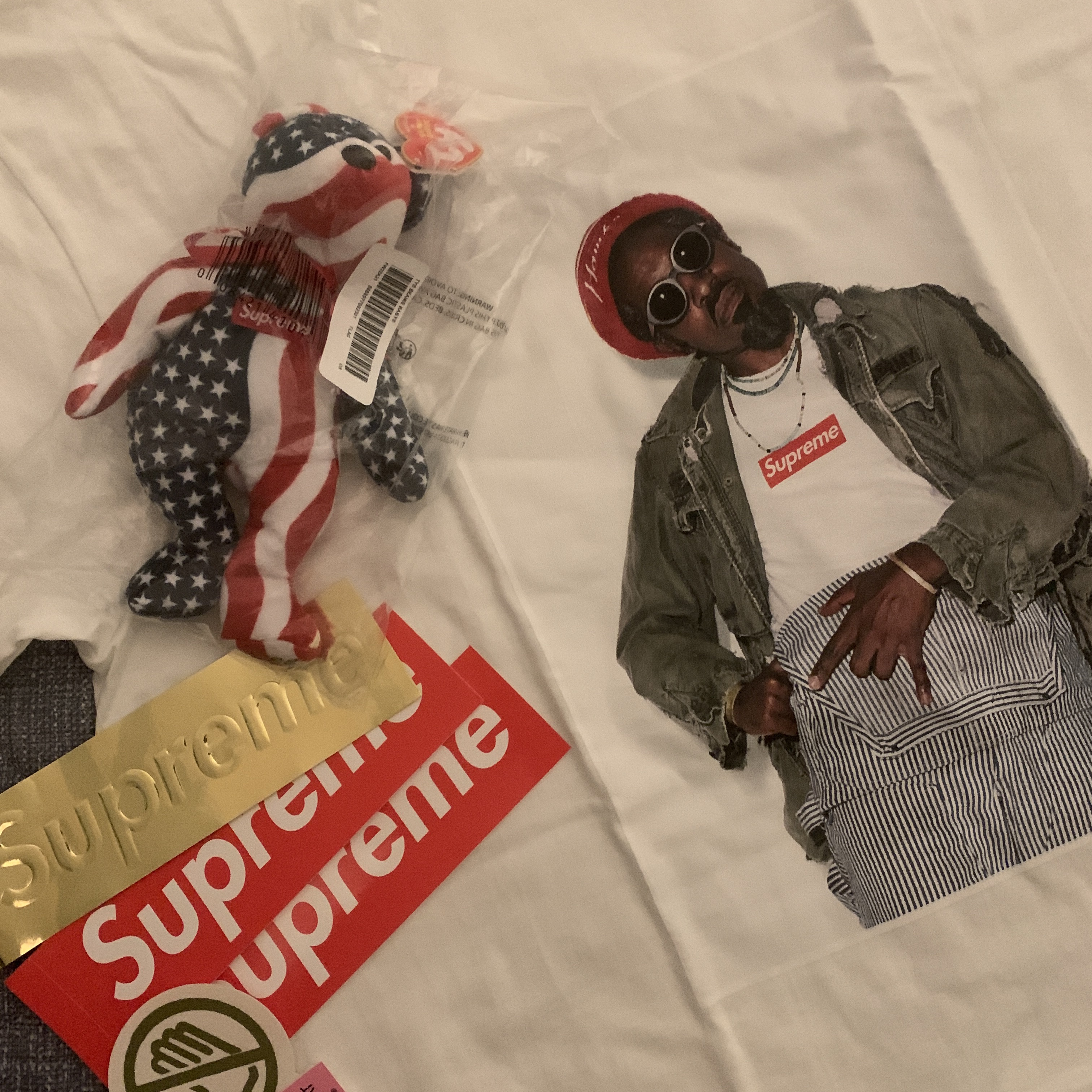 Supreme Andre 3000 T-Shirt White - 22FW, Supreme Ty Beanie Baby Flag - 22FW 착용 스타일