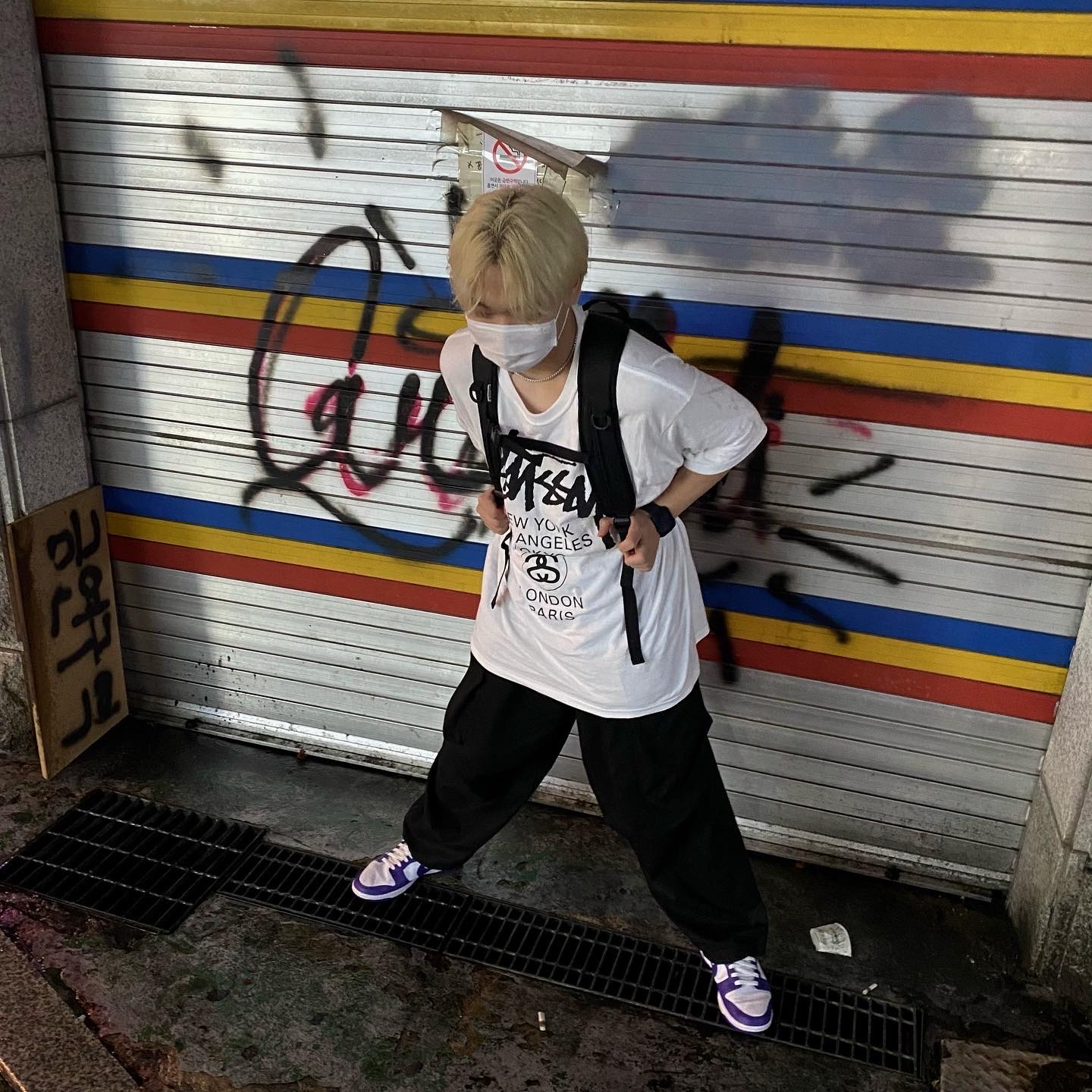 Nike Dunk Low Retro Championship Court Purple, Stussy World Tour T-Shirt White 착용 스타일