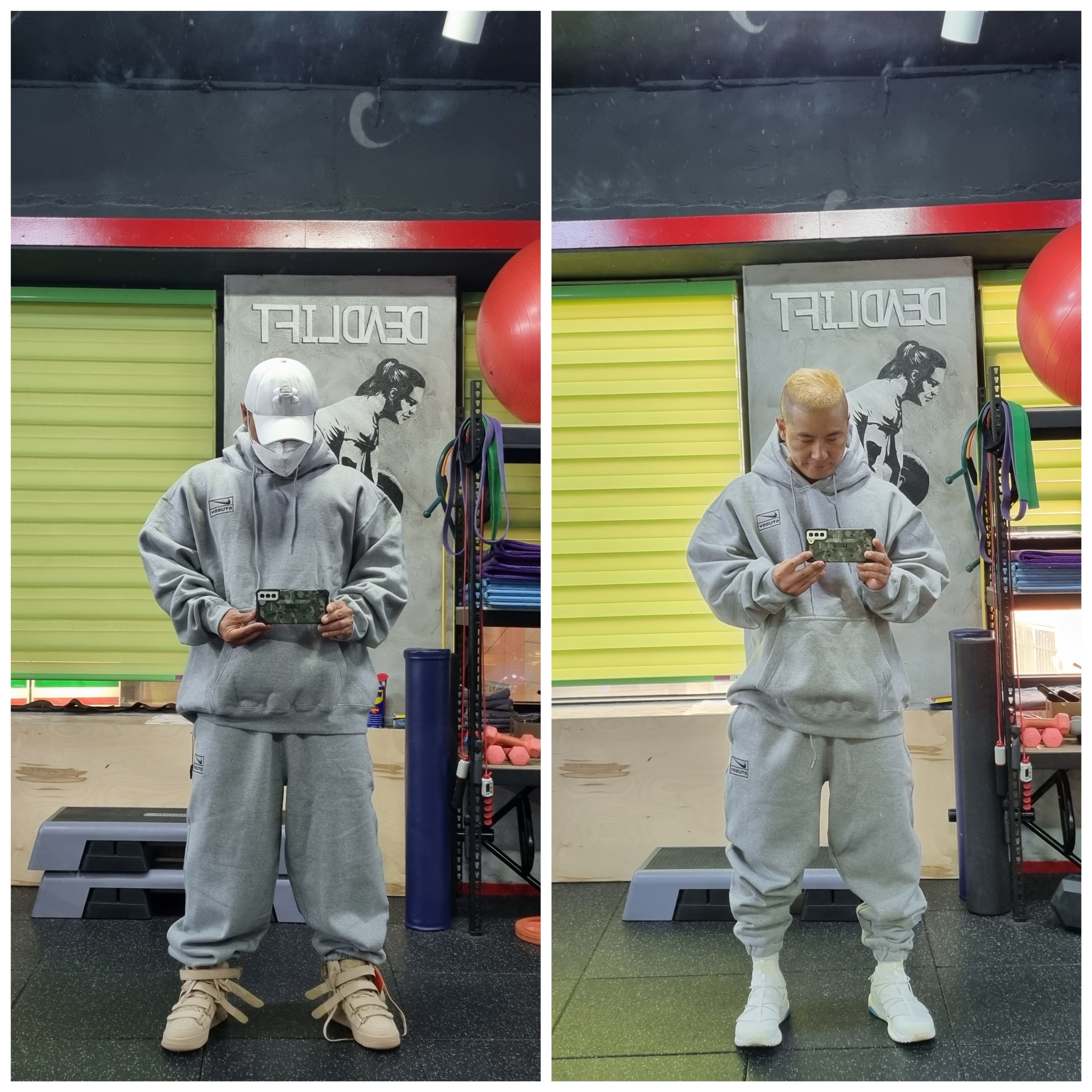 Nike x Stussy NRG RA Pullover Hoodie Dark Grey Heather (DJ9488-063), Nike x Stussy NRG RA Fleece Pants Dark Grey Heather (DJ9490-063) 착용 스타일 - 2