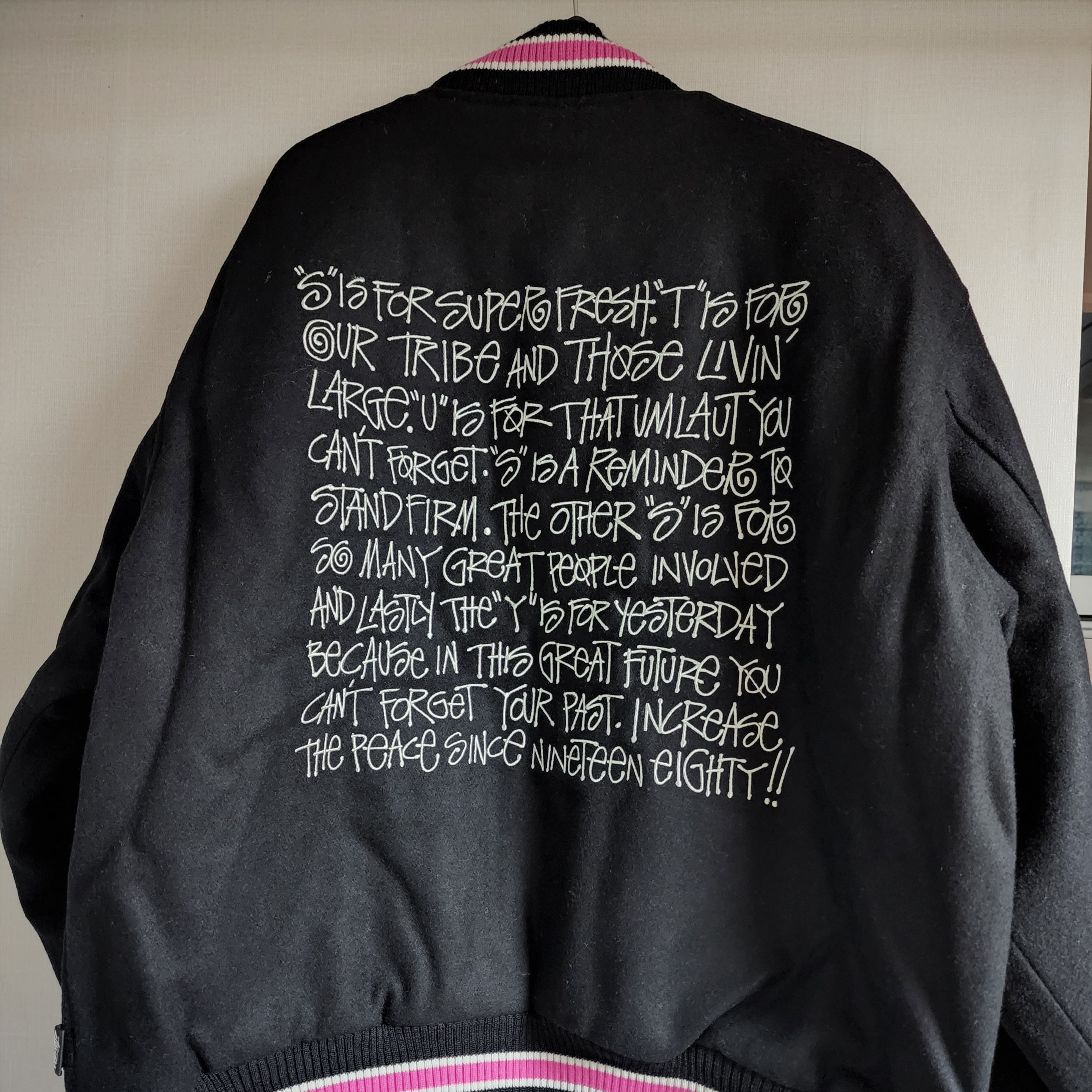Stussy S Talk Melton Varsity Jacket Black 착용 스타일